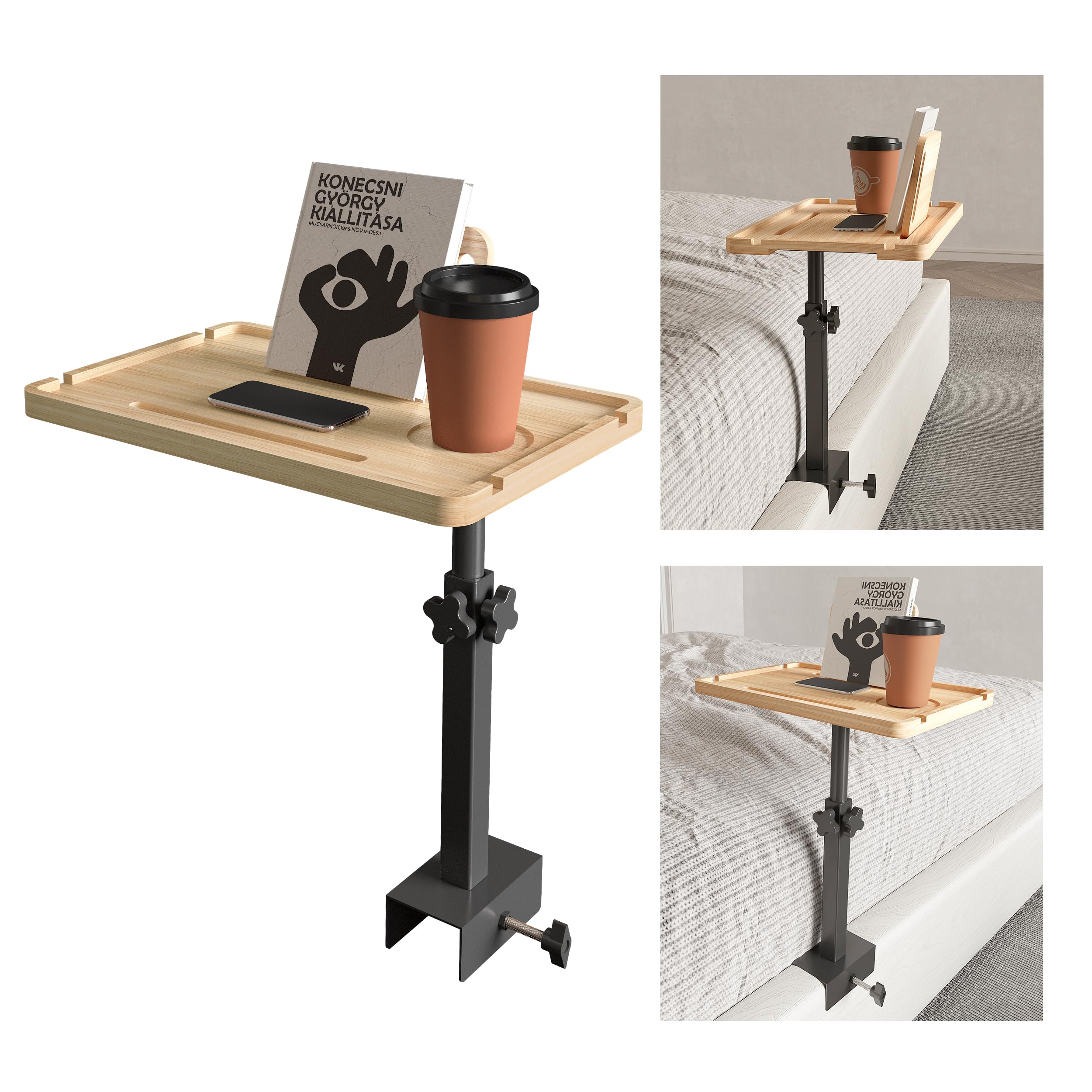 Photo 1 of Yumkfoi 2-in-1 Bedside Shelf, Height Adjustable Bunk Bed Shelf Table for Top Bunk, Wooden Clip On Nightstand Tray Table Caddy Organizer for Bedroom College Dorm Essentials (Rotatable & Liftable)