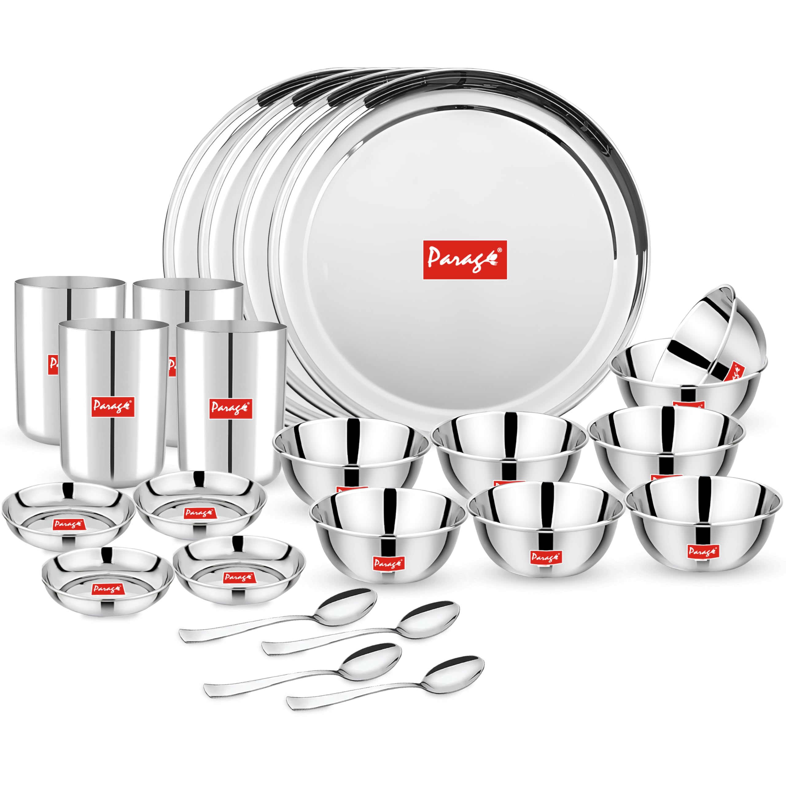 Parage 24 Pieces Heavy Gauge Sanskriti Solid Dinner Set/Buffet Set/Dinnerware For Home/Steel Bartan Set For Kitchen (4 Full Plate, 8 Bowl, 4 Dish Bowl, 4 Glass, 4 Spoon, Silver, Serves 4)