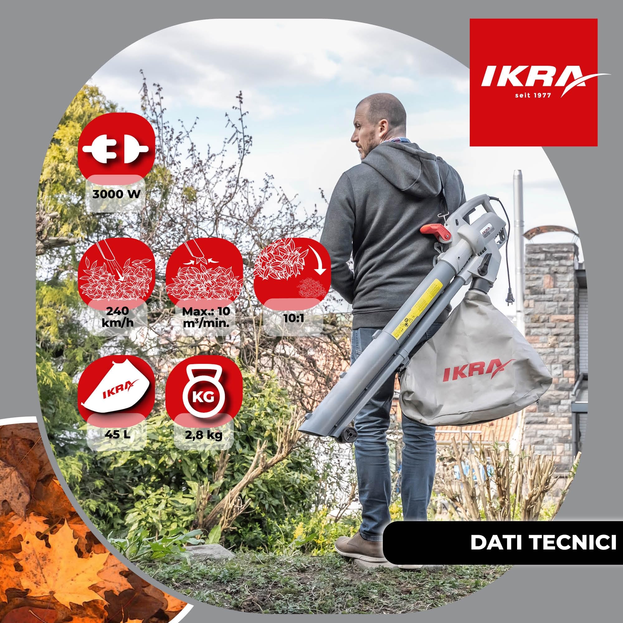IKRA aspiratore soffiatore elettrico IBV 3000 3in1, 3000W, 240 km/h | Regolazione della velocità variabile, commutazione rapida soffiatore/aspiratore, sacco 45 l, compressione 10:1