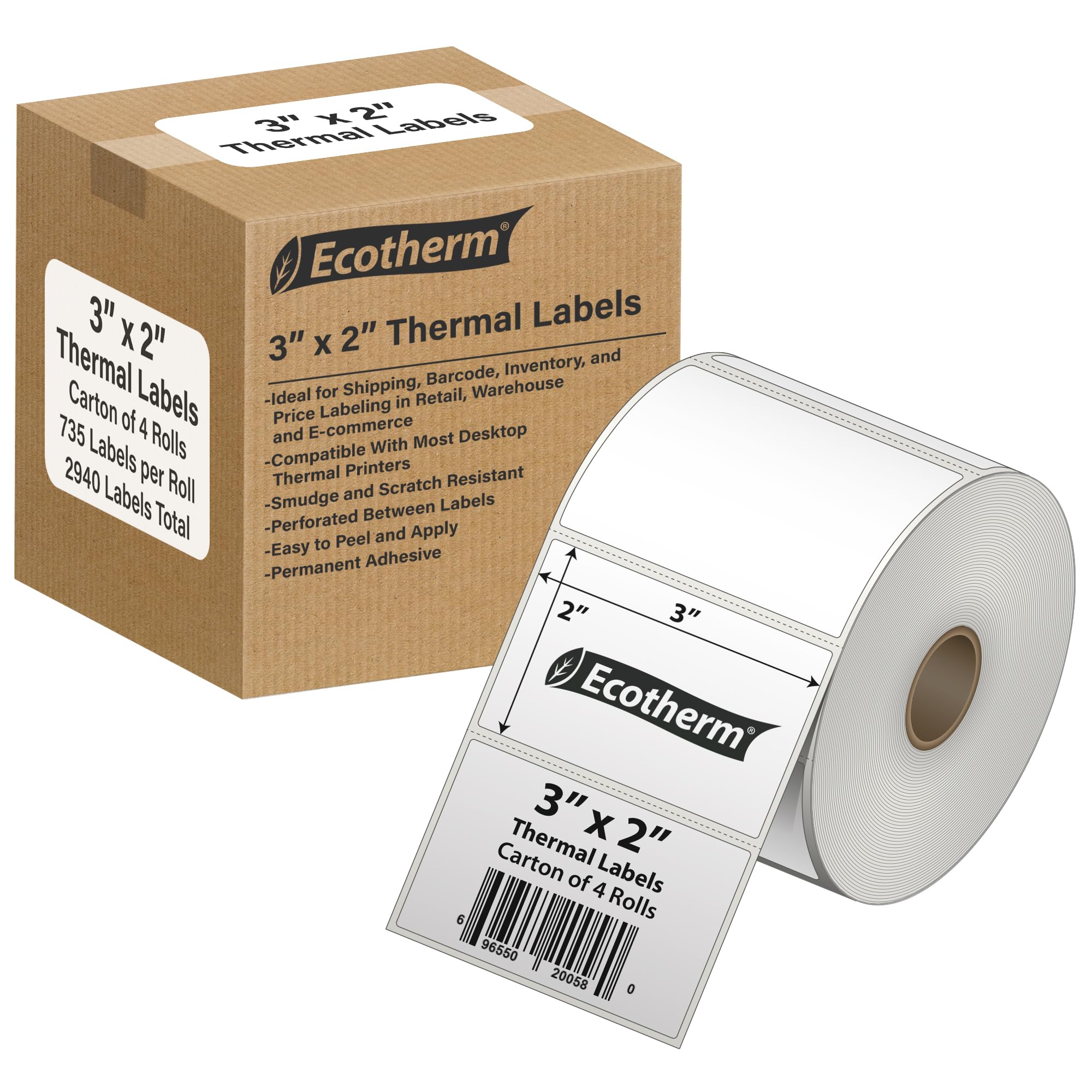 3 x 2 Direct Thermal Paper Label Stickers - 735 Labels Per Roll - 4 Rolls - for Zebra LP2844, GC420, GK420, GX430, ZD220, ZD420, ZD500, ZD620, ZP-500, GT800 Printers โ image 1