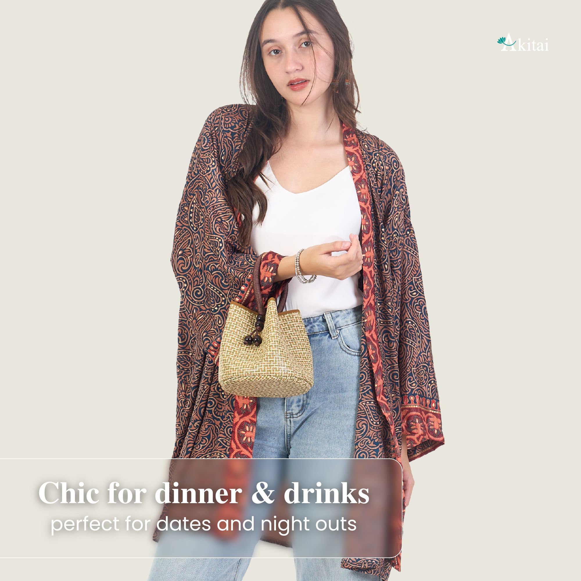 Kimono Boho da donna, 100% cotone kasturi, chiusura con gancio e anello, maniche a 3/4, comfort per tutte le stagioni, top kimono da donna per l'estate, versatile per spiaggia, vacanze