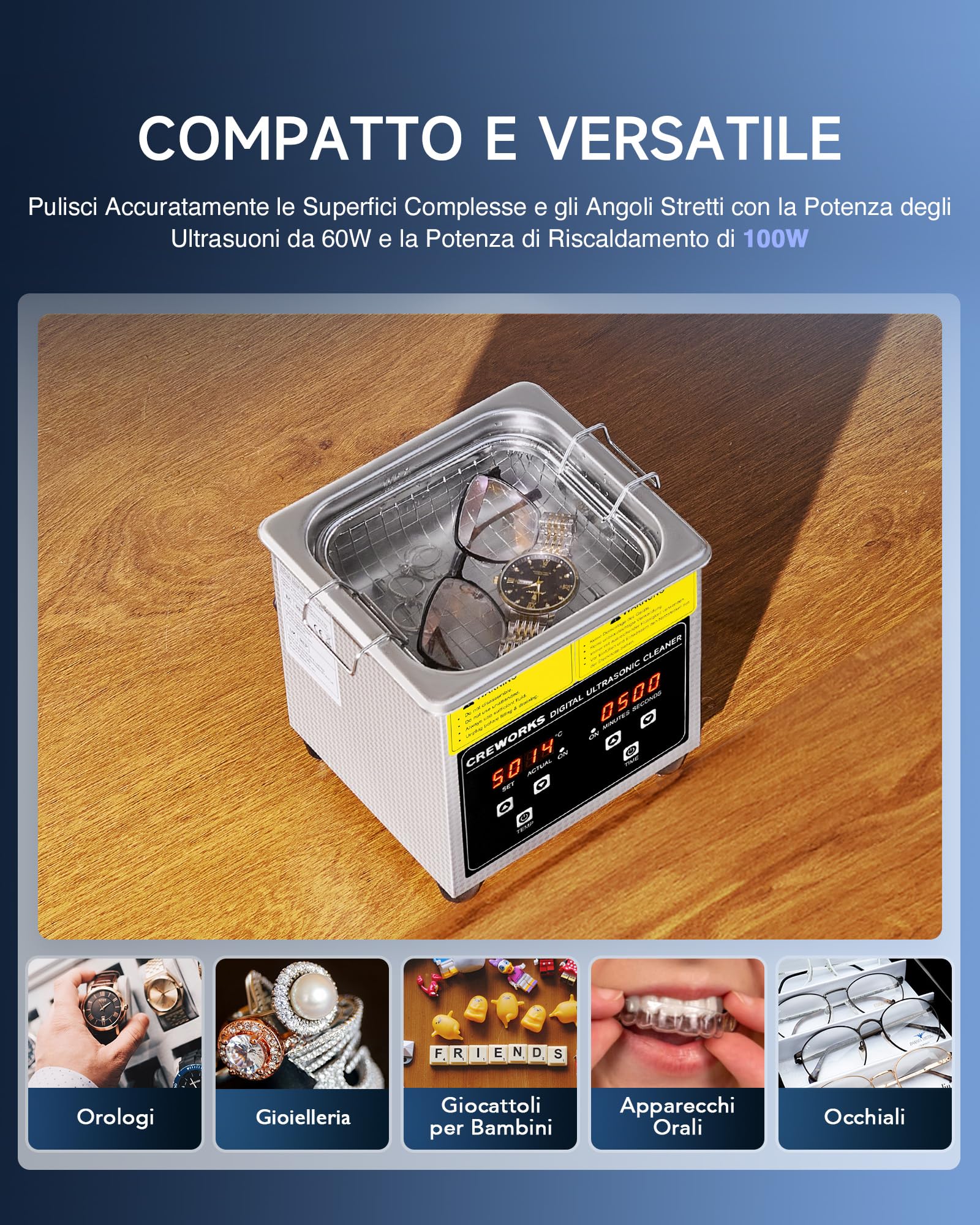 Pulitore Ultrasuoni Industriale 1L 50W Acciaio Inossidabile con Riscaldatore Timer Digitale