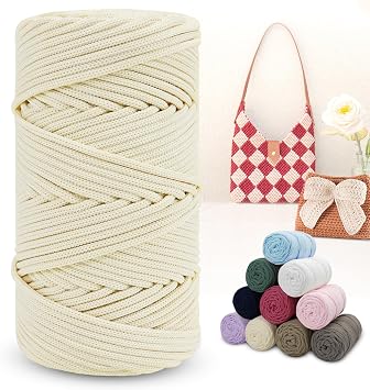Polyester Macrame Cord 4mm x 164 Yards Braided Polyester Cord Thick Macrame Rope Yarn Crochet Cord, Polyester Yarn for Crocheting, Bags, Wall Hangers, Rug, DIY Crafts Creamy White