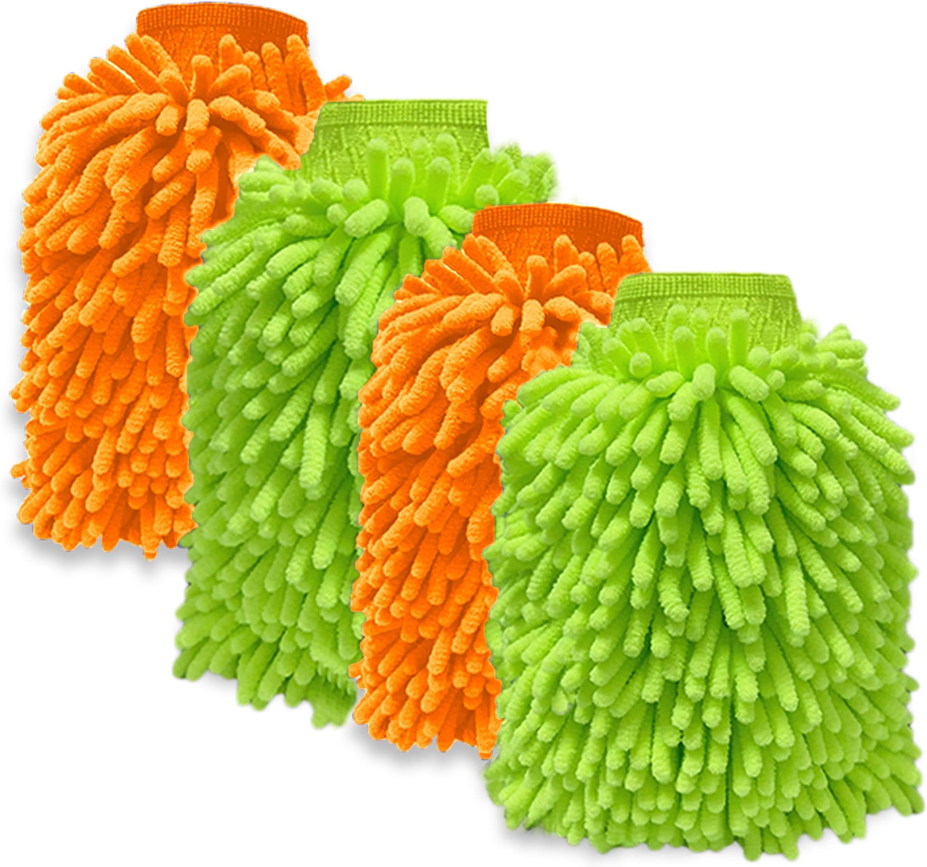 Car Wash Mitt, Chenille Car Washing Glove, Microfiber Mitt Scratch Free, Double-Sided Thickened Gloves (Orange/Green,4P)