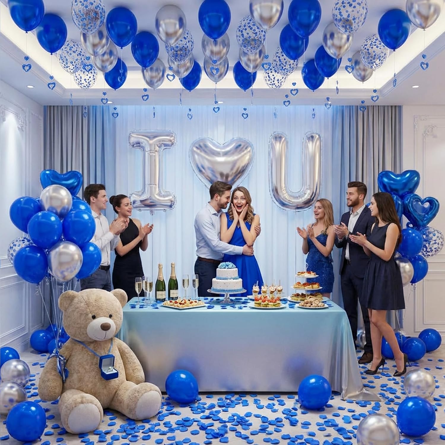 I Love You for Him/Her Balloons Royal Blue and Sliver balloon kit with 24/18in Heart Shaped Foil Balloons and 400pcs Blue Artificial Rose Petals for Valentines Party Romantic Decoration image 5