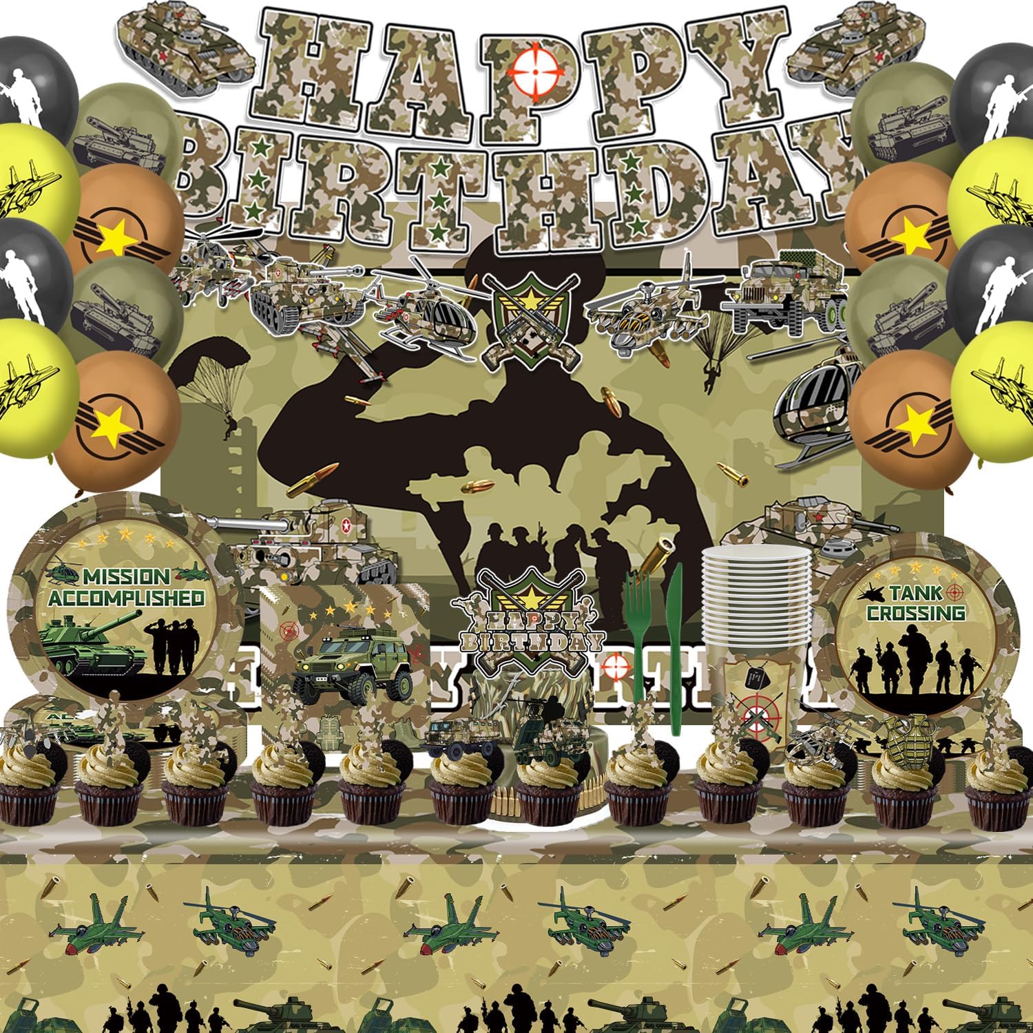 106Pcs Camo Army Birthday Party Decorations 12-Guest Set, Reusable Military Theme Supplies with Backdrop, Banner, Camo Balloons, Durable Plates & Napkins for Kids Adults Army Party Favors