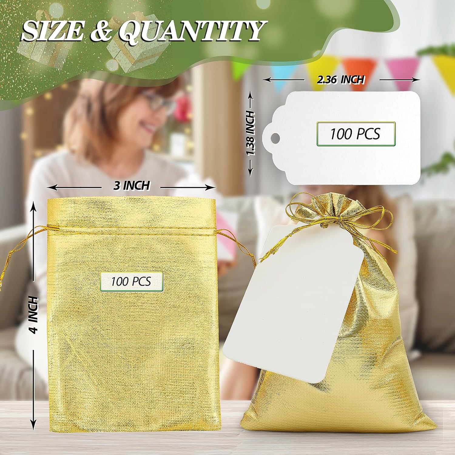 DOYIDE 100Pcs Gold Drawstring Gift Bags, 3x4in Small Jewelry Bags Drawstring Pouches, Shiny Wedding Party Favor Bags, Sachet Bags Empty for Birthday Party Christmas Baby Shower Candy Favors - Image 2