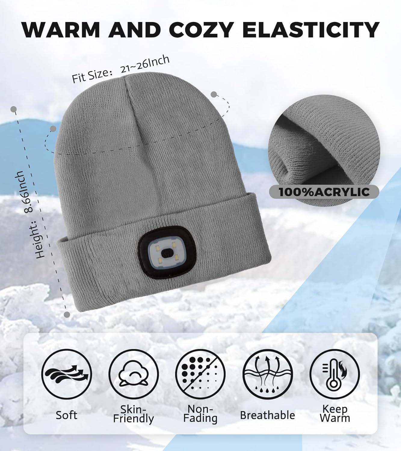 Unisex LED Beanie with Light, Rechargeable Headlamp Hat, Valentines Day & Birthday Gifts for Men Women, Husband, Warm Knitted Cap White Elephant Gifts for Dad Adults Teens Men Women Him - Image 4