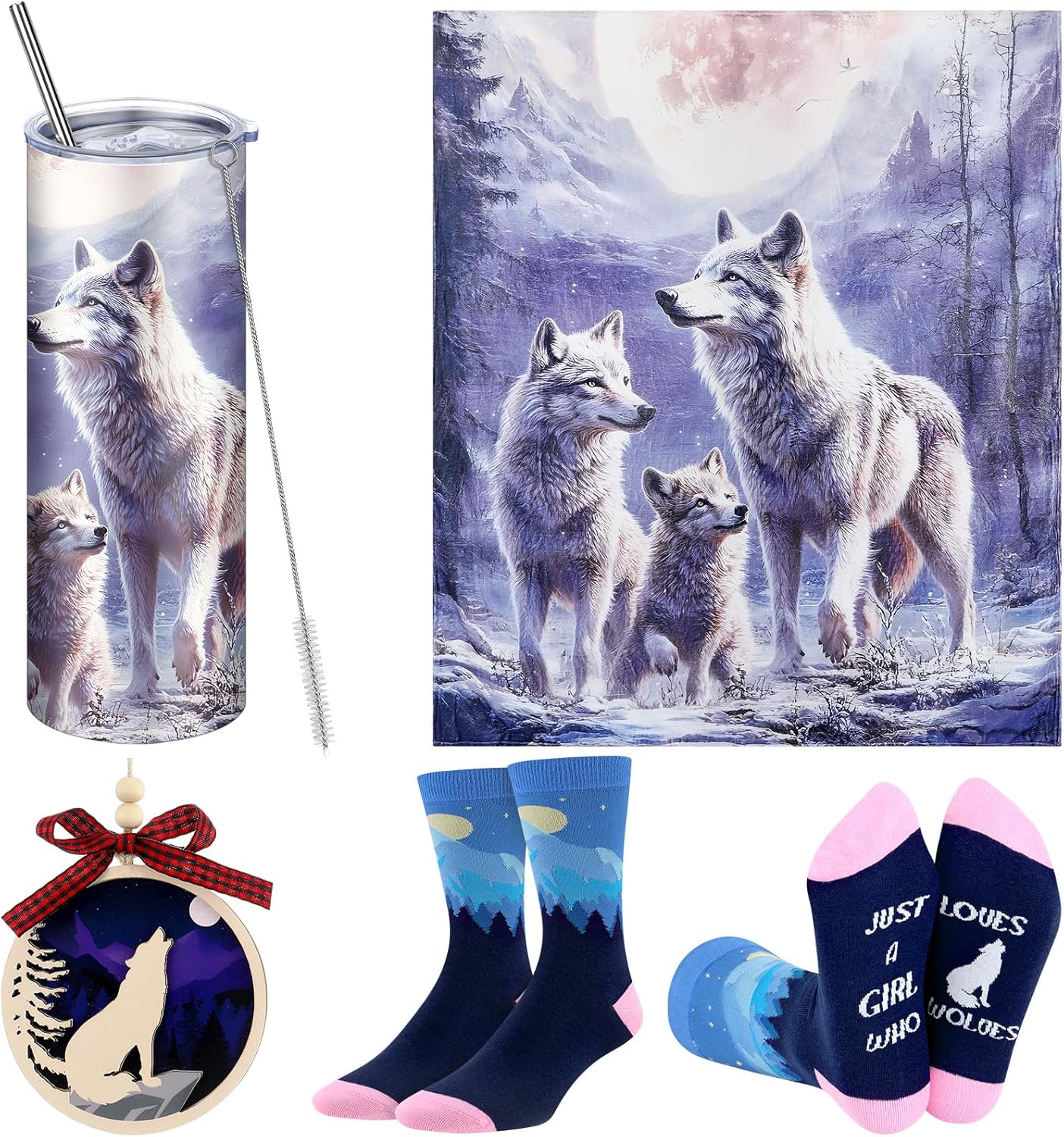 Patelai 4 Pcs Christmas Wolf Gifts Set Include1 Flannel Blankets Throws 1 Stainless Steel Insulated Tumbler 1 Funny Socks 1 Wood Ornament Wolf Lovers Gifts for Teen Girls Women