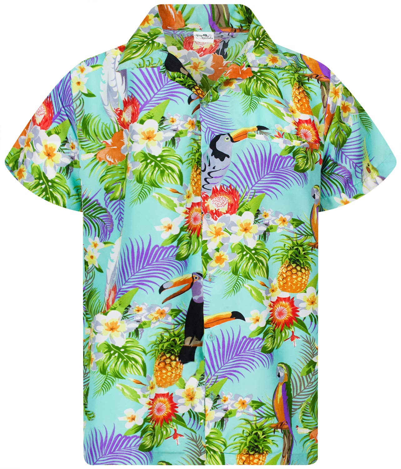 King Kameha Vintage Hawaiian Shirt for Men – Tropical Men’s Hawaiian Shirt Short Sleeve, Parrot-Cockatoo, Light-Blue, XL