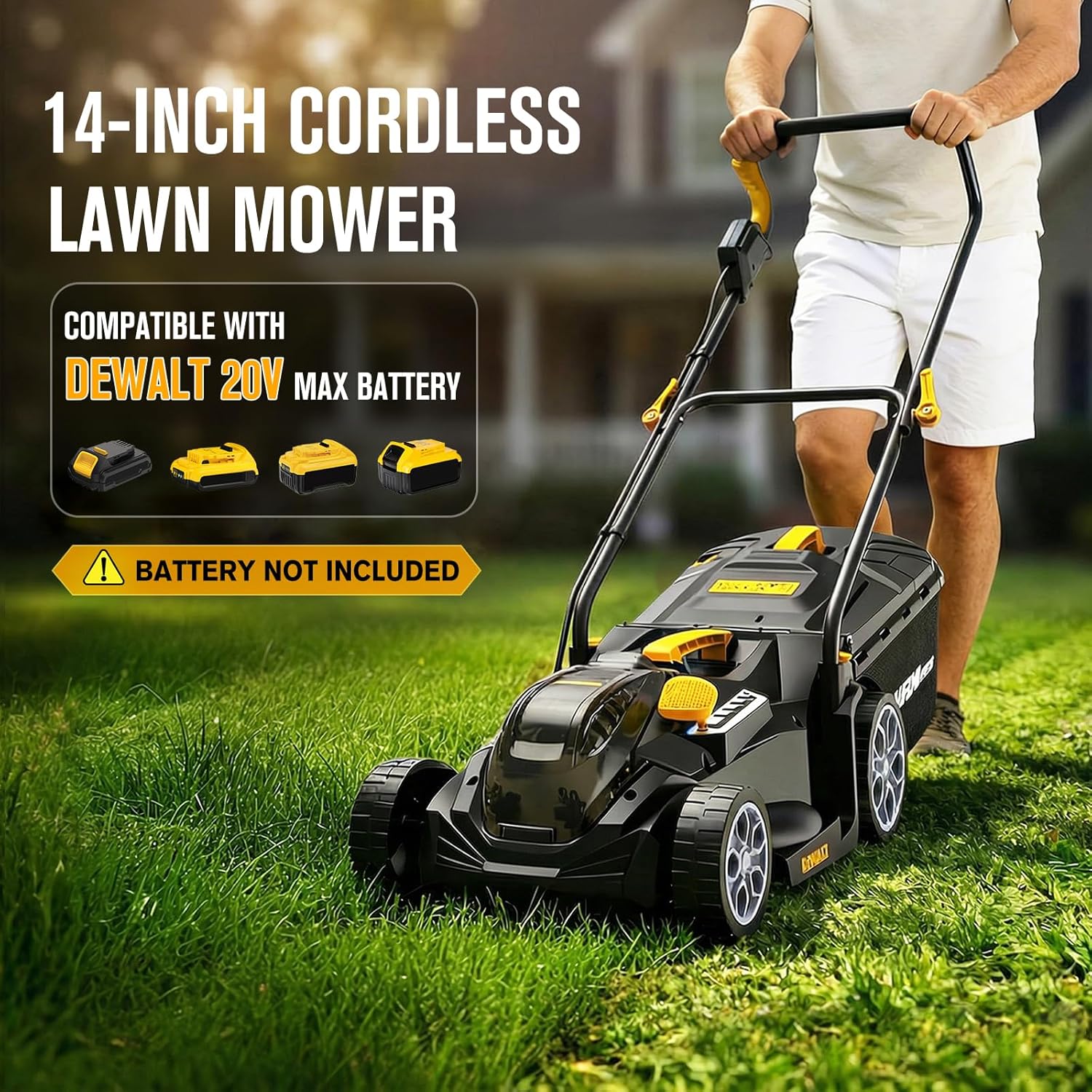 14" Cordless Lawn Mower Compatible with Dewalt 20V MAX Battery, 2-in-1 Brushless Electric Lawn Mower for Small Yards, Push Mowers with 5-Position Height Adjustment, Black (Tool Only)