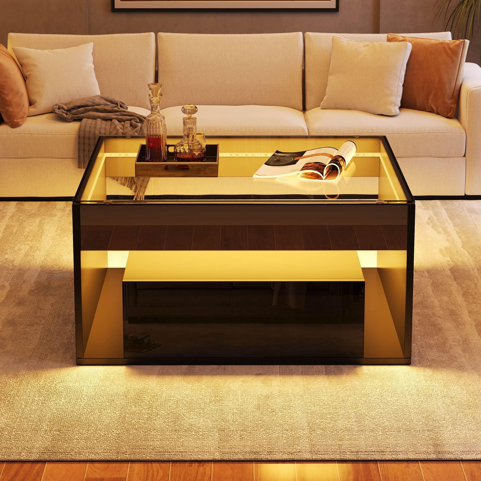 Table Basse Salon Brillante 70x70x35cm,Table D'appoint,Meuble Bas Rangement avec Lampe LED Réglable,Table en Verre trempé,2 Tiroirs,pour Bout de Canape,Bureau,Salon (Noir)