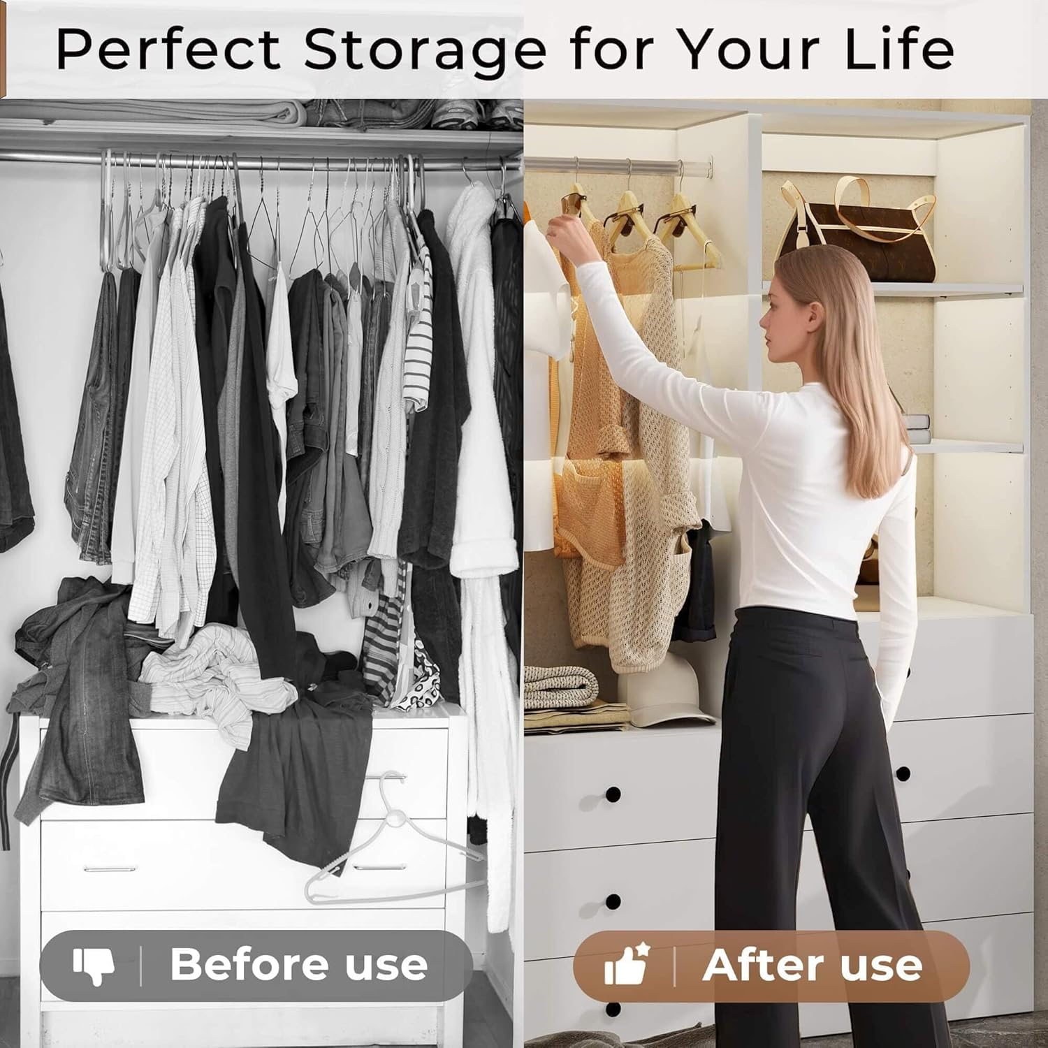 Modular Closet System: Walk-in Closet with 2 Hangingrods for Bedroom Built-in Mounted Storage White 31.5"L x 15.75"W x 47.24"H(B3)