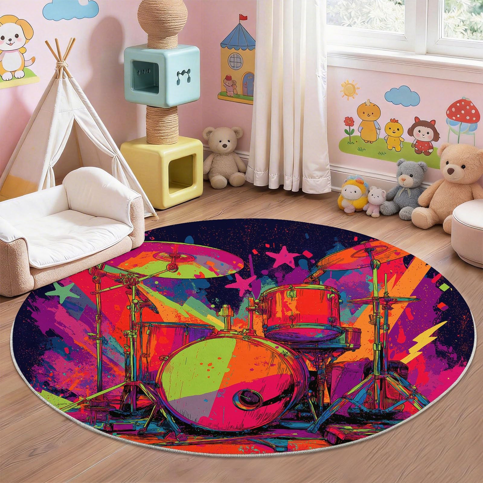 Pop Art Muzyka Okrągły dywan 120 cm Wielokolorowy Gwiazda Bateria Błyskawiczna Salon Okrągła Sypialnia Można prać w pralce Antypoślizgowy dywanik na łóżko do jadalni Kuchnia Biuro, Pokój gier