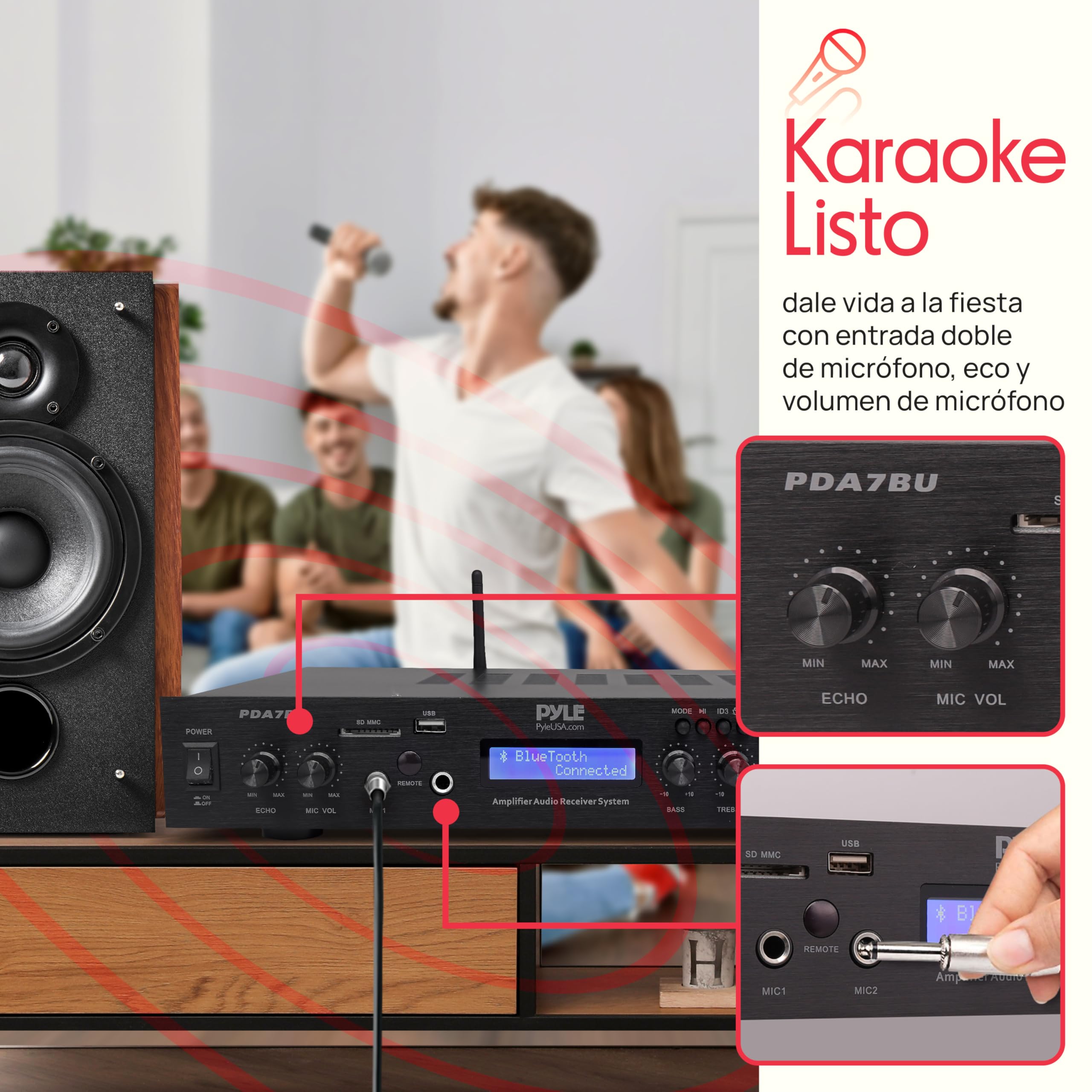 Pyle Amplificador de Audio, Receptor, Montaje en Rack de 5 Canales, Cine en casa, Transmision inalambrica Bluetooth, Radio MP3/USB/SD/AUX/FM, 200V, Pantalla LCD Digital ID3