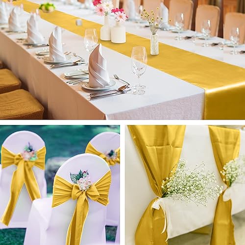 Miniatura 6 de Aneco Paquete de 12 caminos de mesa de satén de 12 x 108 pulgadas, color dorado, largo, de seda satinada, para bodas, banquetes, graduaciones,