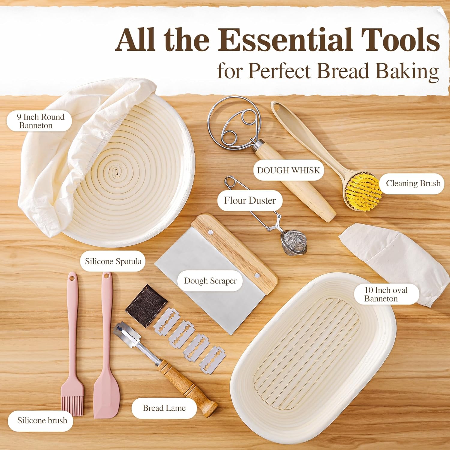 Banneton Bread Proofing Basket Set Sourdough Bread Baking Supplies 9" Round & 10" Oval Banneton Basket and Linen Liners Sourdough Starter Kit with Dough Whisk,Bread Lame,Dough Scraper