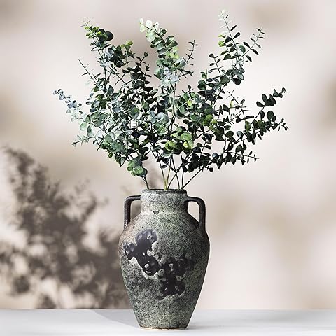 Rustic Ceramic Vase 12 Inch with 3 Artificial 22 Inch Eucalyptus Stems Antique Styl...