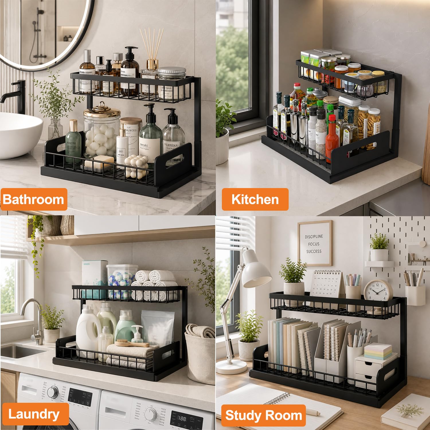 devesanter Unter Waschbecken Regal,2 Etagen Küche Schrank Organizer,Metal Herausgleiten Ausziehbares Lagerregal,für Küche, Badezimmer, Speisekammer, Schrank(Schwarz