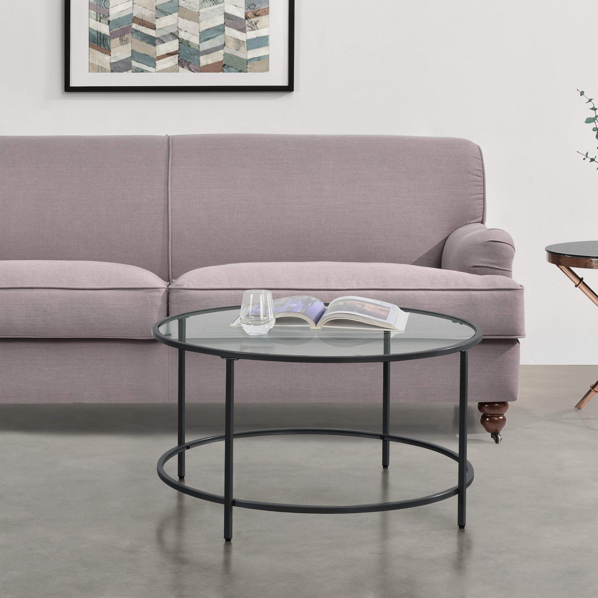 [en.casa] Tavolino Rotondo da Salotto con Piano in Vetro Tavolo Basso Circolare da Caffè con Telaio in Acciaio per Soggiorno Sala Ø 84 x 46 cm - Nero