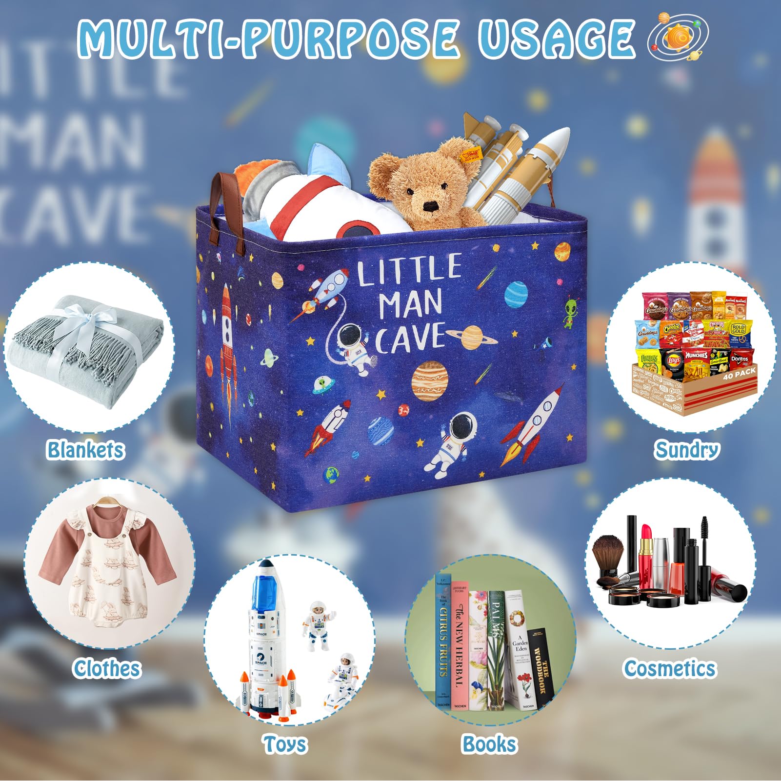 Cesta de lavandería con cohetes de astronauta, cesta de almacenamiento espacial con citas inspiradoras, caja de juguetes para decoración de habitación de niños, caja de juguetes rectangular para 5