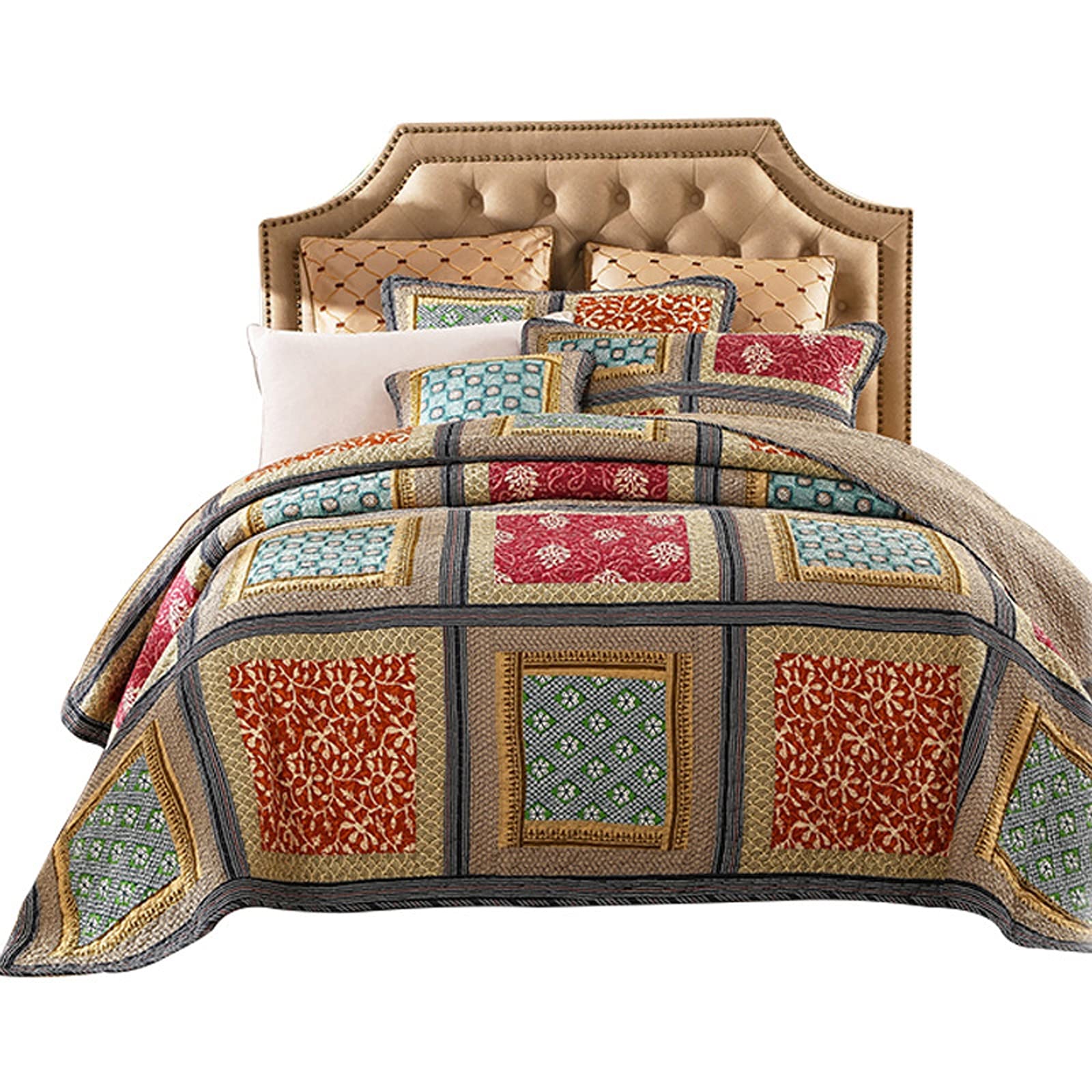 Sjdopulse Quilted Bedspread Double King Size Cotton Coverlet Bedding Set Lightweight Soft Patchwork Bed Throws Quilt With 2 Pillow Shams American Country Style,101X105inch