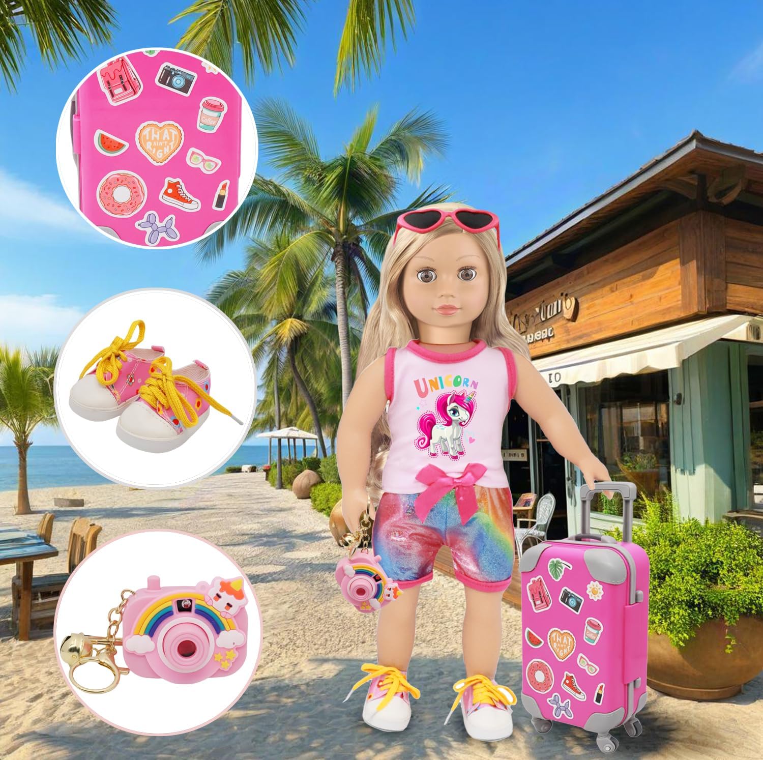 18inch American Doll Clothes and Accessories, Including Travel Suitcase, Clothes, Shoes, Sunglasses, Camera, Passport, Stickers,Phone Travel Gear Play Sets