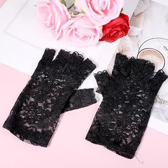 Women Short Lace Gloves Sunblock Fingerless Bridal Wrist Glove Black