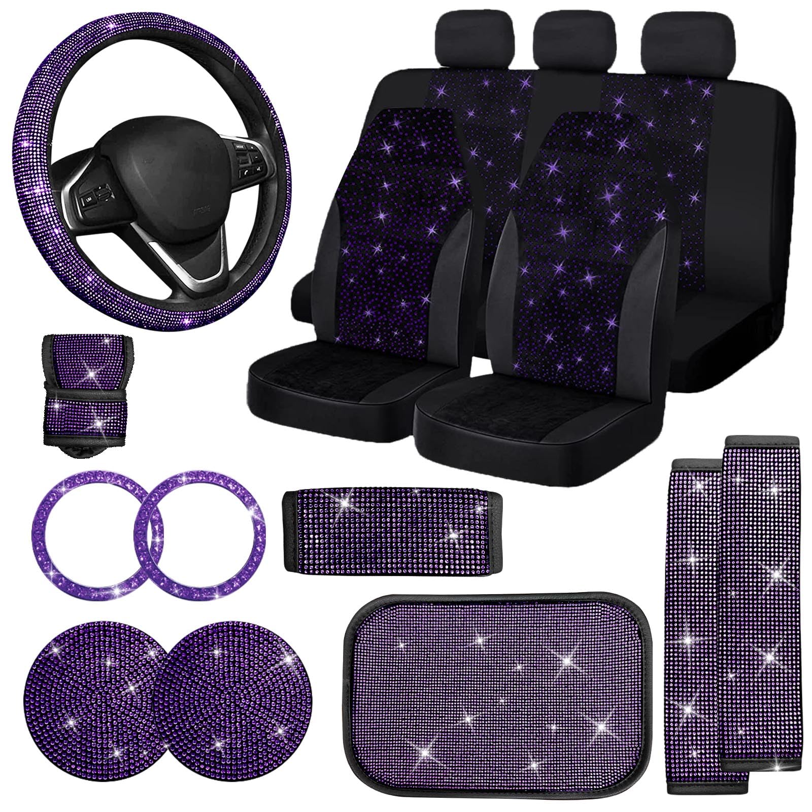 Photo 1 of ****PARTS ONLY, MISSING PIECES **** Jusen Bling Car Seat Covers Set Car Diamond Accessories Rhinestone Crystal Steering Wheel Cover, Bling Velvet Breathable (Purple, All Part Bling)