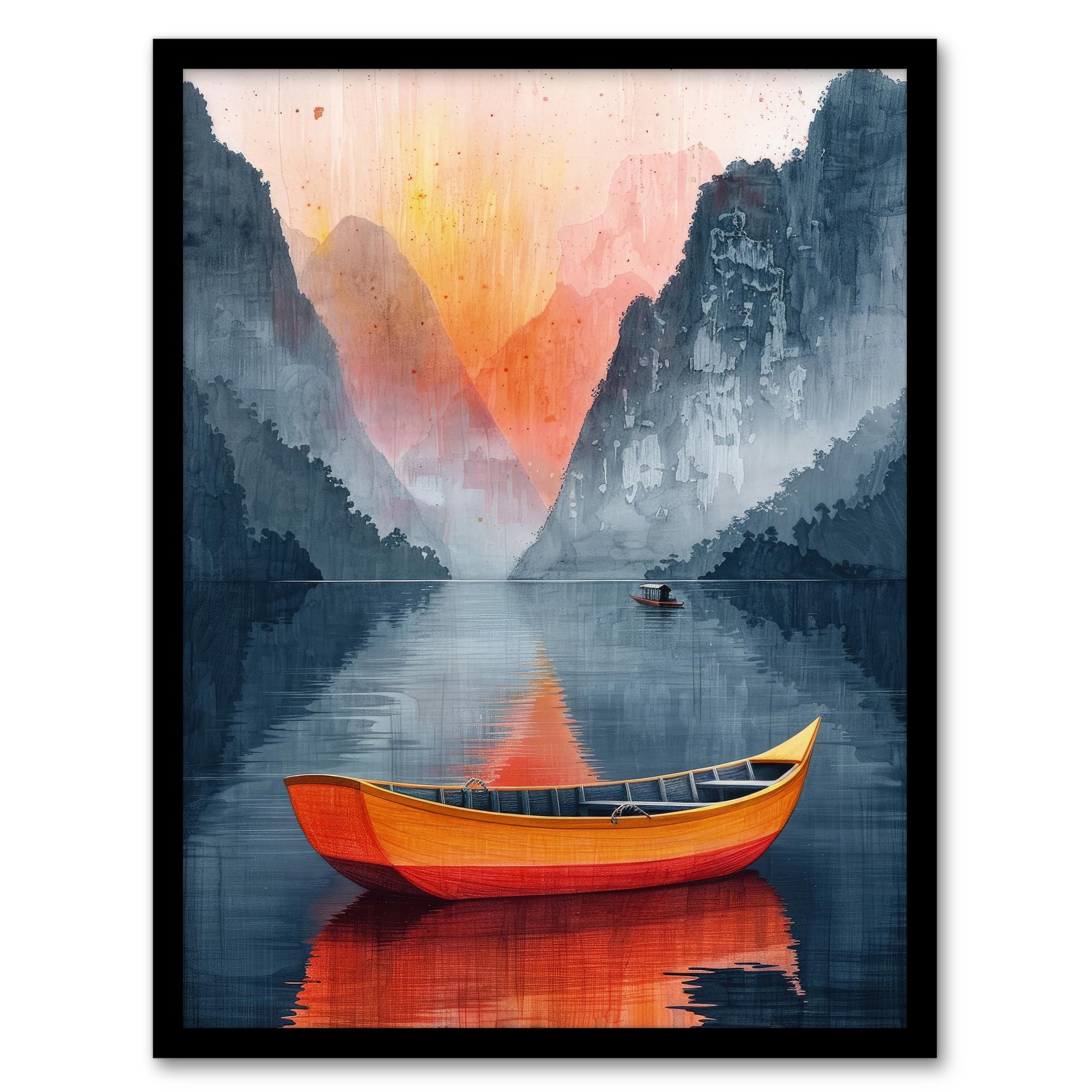 Artery8 Boat in Lake Serene Mountain Landscape Sunrise For Living Room Artwork Framed Wall Art Print A4