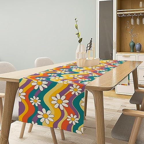 Miniatura 37 de Camino de Mesa Floral Retro de los Años 70, Bohemio Flores Abstractas Amarillas y Naranjas Groovy Camino de Mesa para Granja de Campo Cocina Comedor