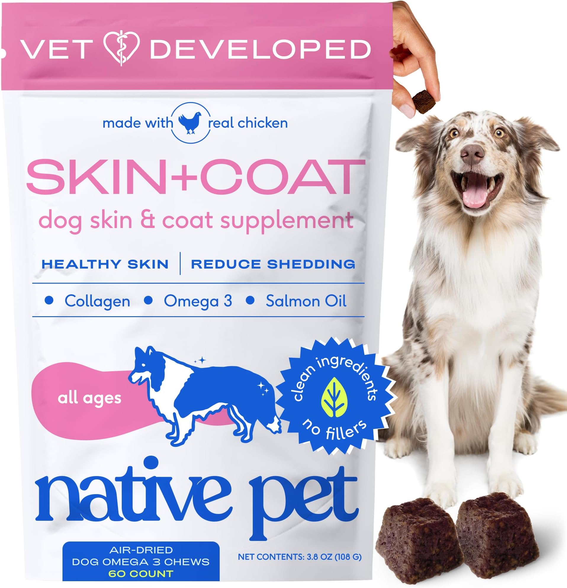 Omega Skin and Coat Chews for Dogs - Dog Skin and Coat Supplement for Healthy, Shiny Fur, Reduce Shedding and Dry Spots - Made with Omega 3 Fish Oil and Wild-Caught Salmon Oil - 60 Chews