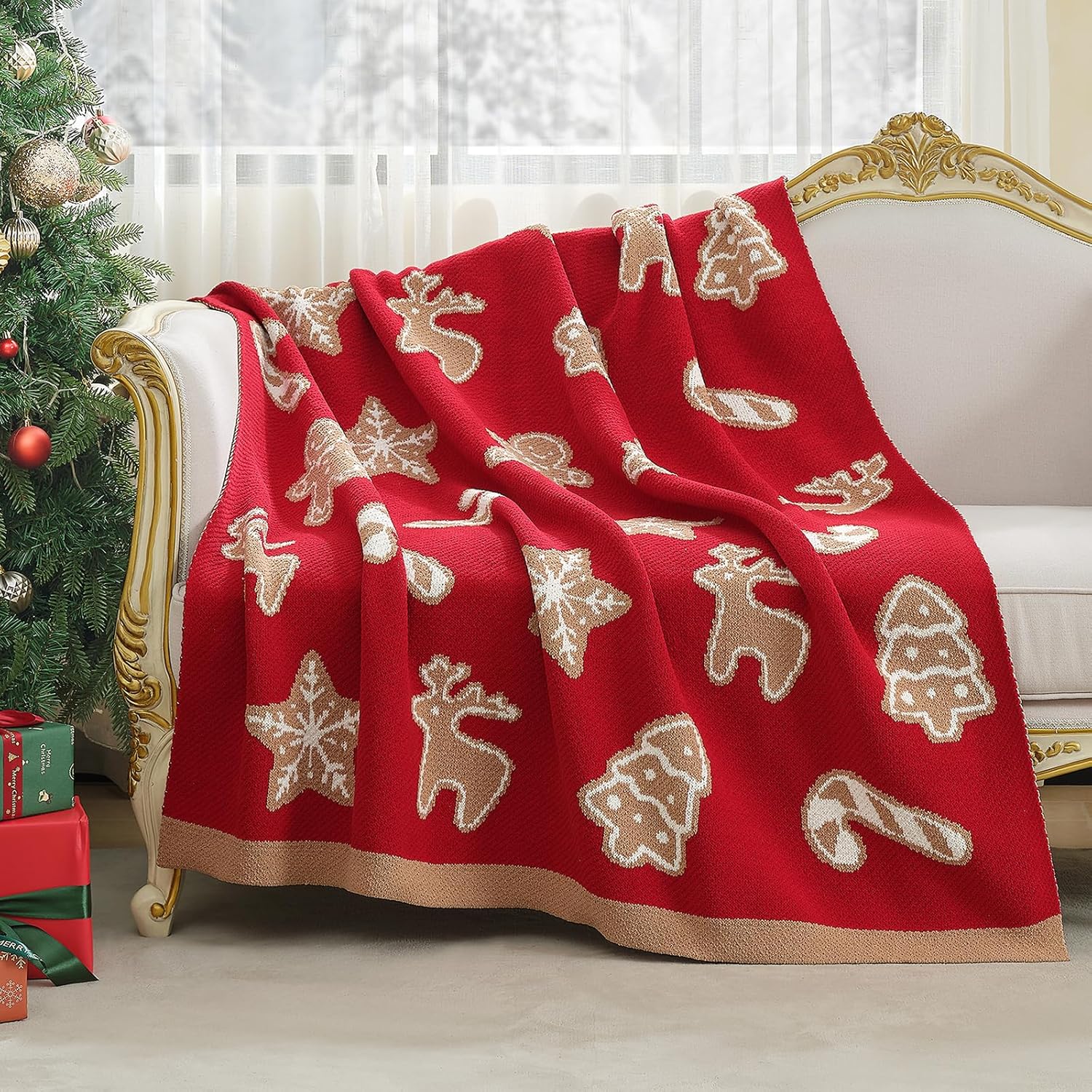 Amélie Home Christmas Knit Throw for Couch, Reversible Soft Cozy Chenille Blanket for Home Decor Gift for Family, 50" x 60", Christmas Gingerbread Cookie - Image 2