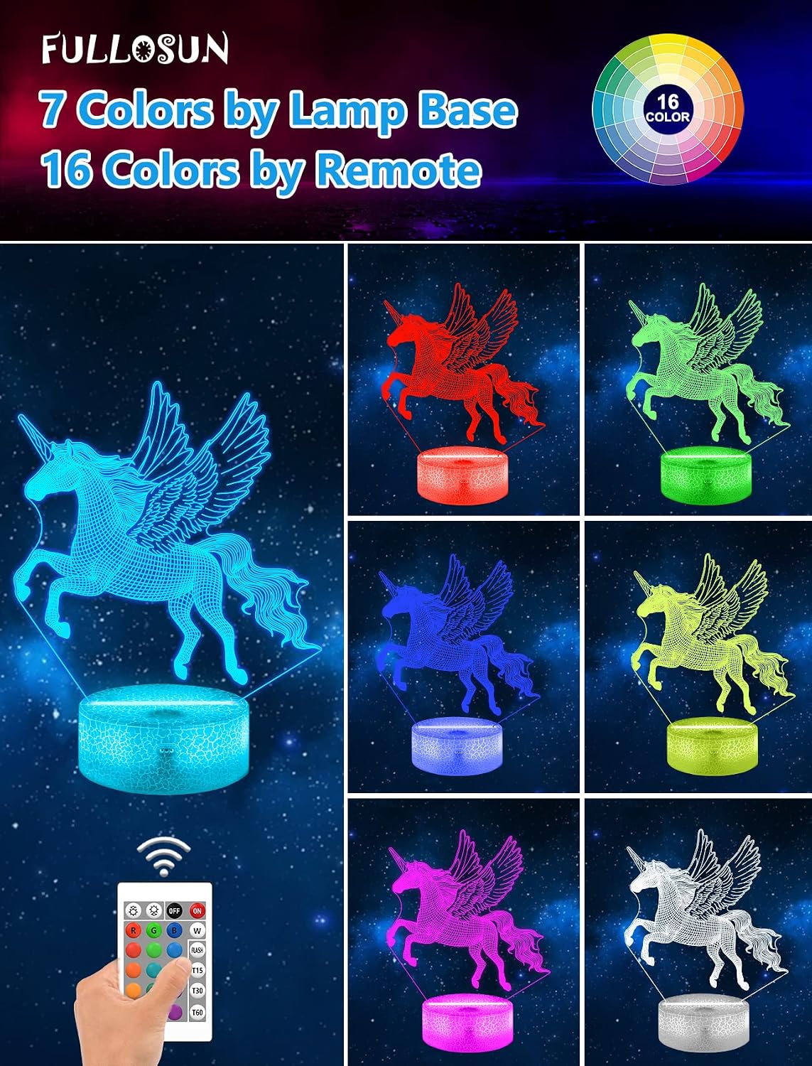 FULLOSUN Unicorn Gifts for Grils,3D Illusion Night Light Bedside Lamp wtih Remote Control 16 Colors Changing Dim Function, Creative Gifts for Room/Home Decor Birthday Xmas for Boys & Girls
