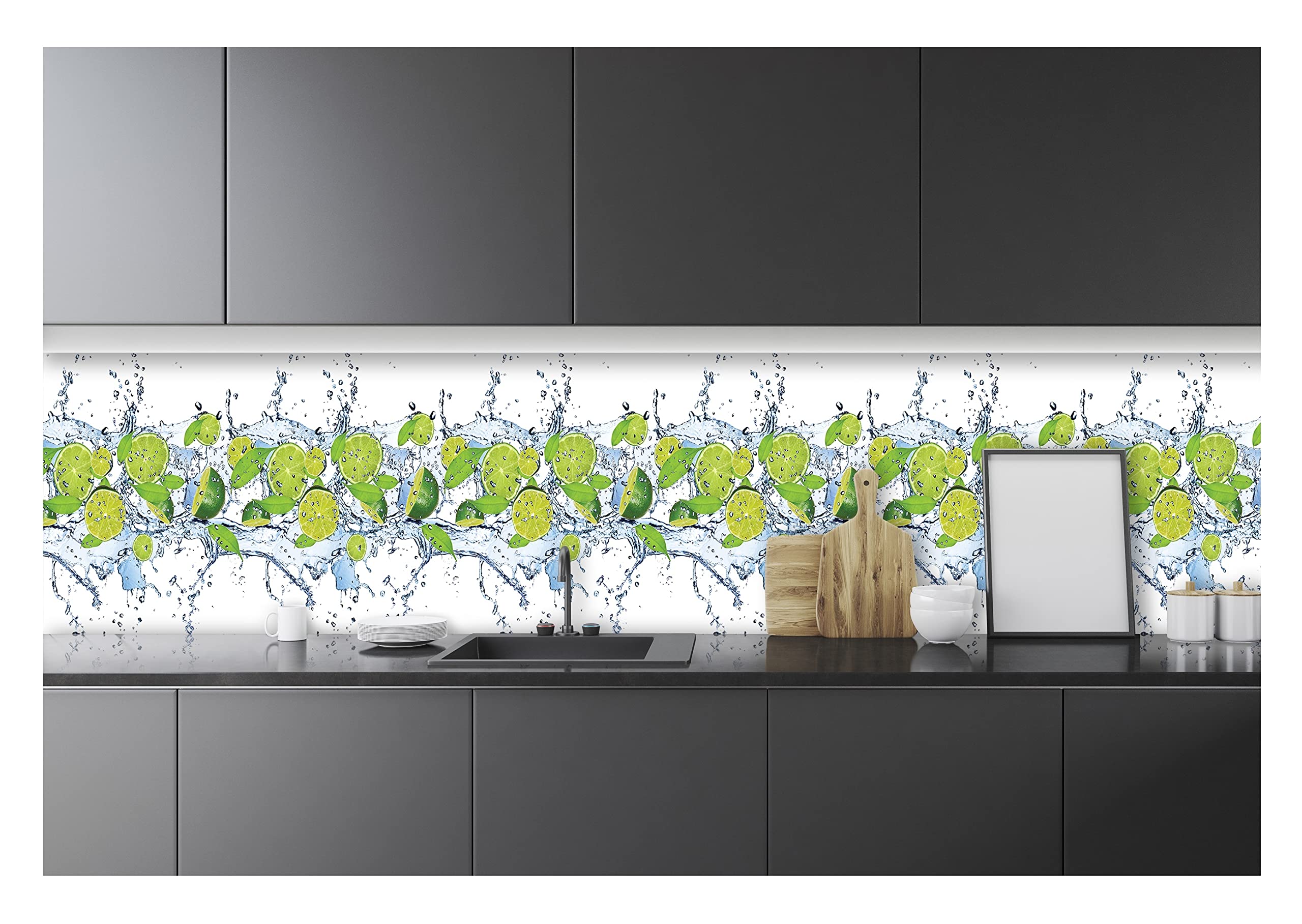 Fototapeta kuchenna zmywalna owoce woda limonki - 250 x 60 cm jednoczęściowa tapeta kuchenna premium - w zestawie z klejem nowoczesna tapeta kuchenna fototapeta tapeta flizelinowa odporna na działanie promieni UV gotowa do montażu