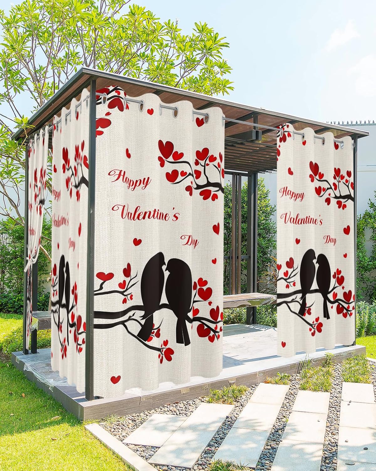 Indoor Outdoor Curtains for Patio Beige Romantic Valentine's Day Bird in Love on Tree Branch Outside Curtains Waterproof Grommet Privacy Light Filter Drapes for Porch Pergola Gazebo 52"Wx84"L 2 Panels