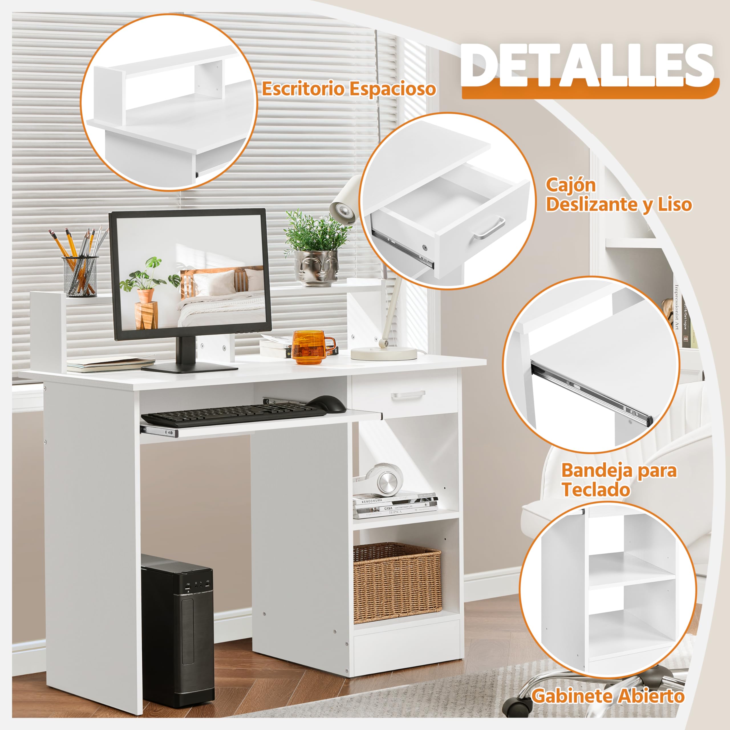 Yaheetech Escritorio con Cajón y Estante Ajustable, Mesa Ordenador con Bandeja para Teclado, Mesa de PC con Soporte de Monitor, para Estudio Dormitorio Oficina, Blanco
