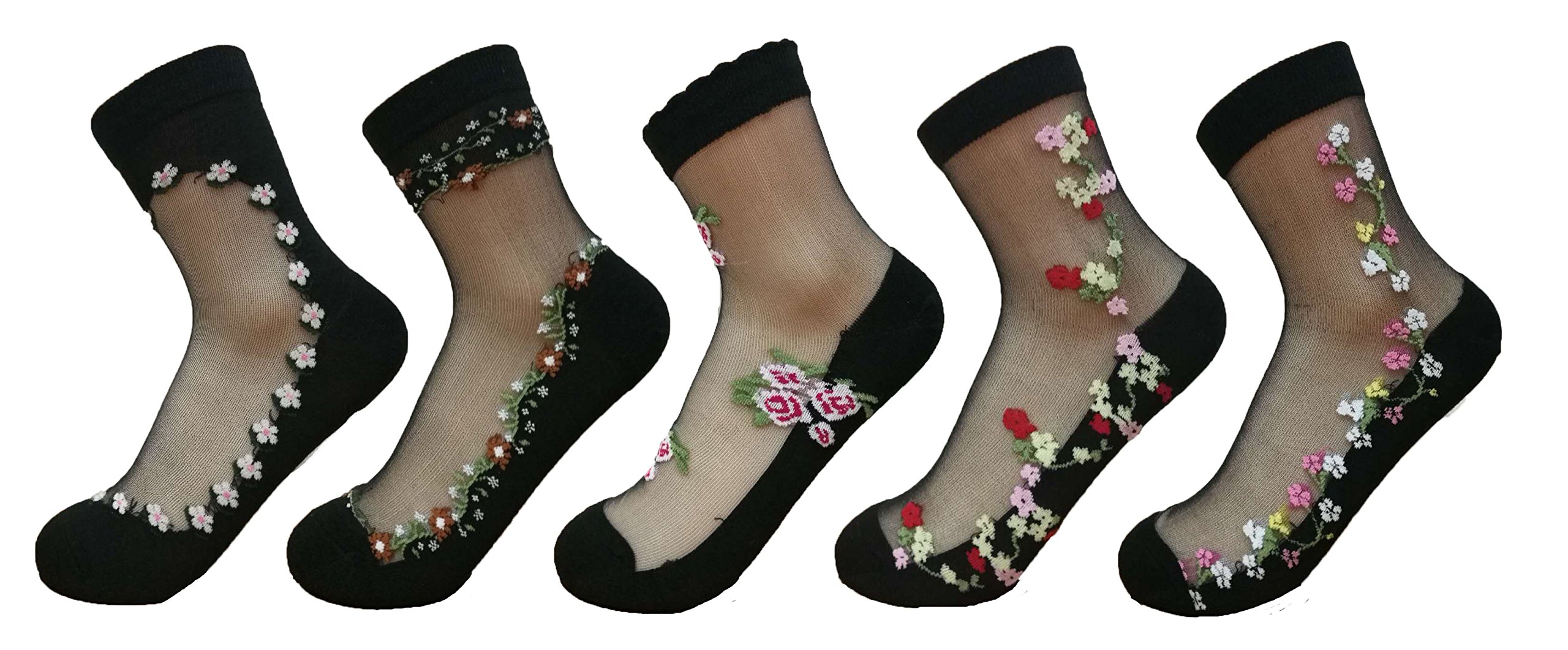 PreSox Women Sheer Transparent Lace Embroidery Panel Crystal Bling-bling Socks 5 Pack