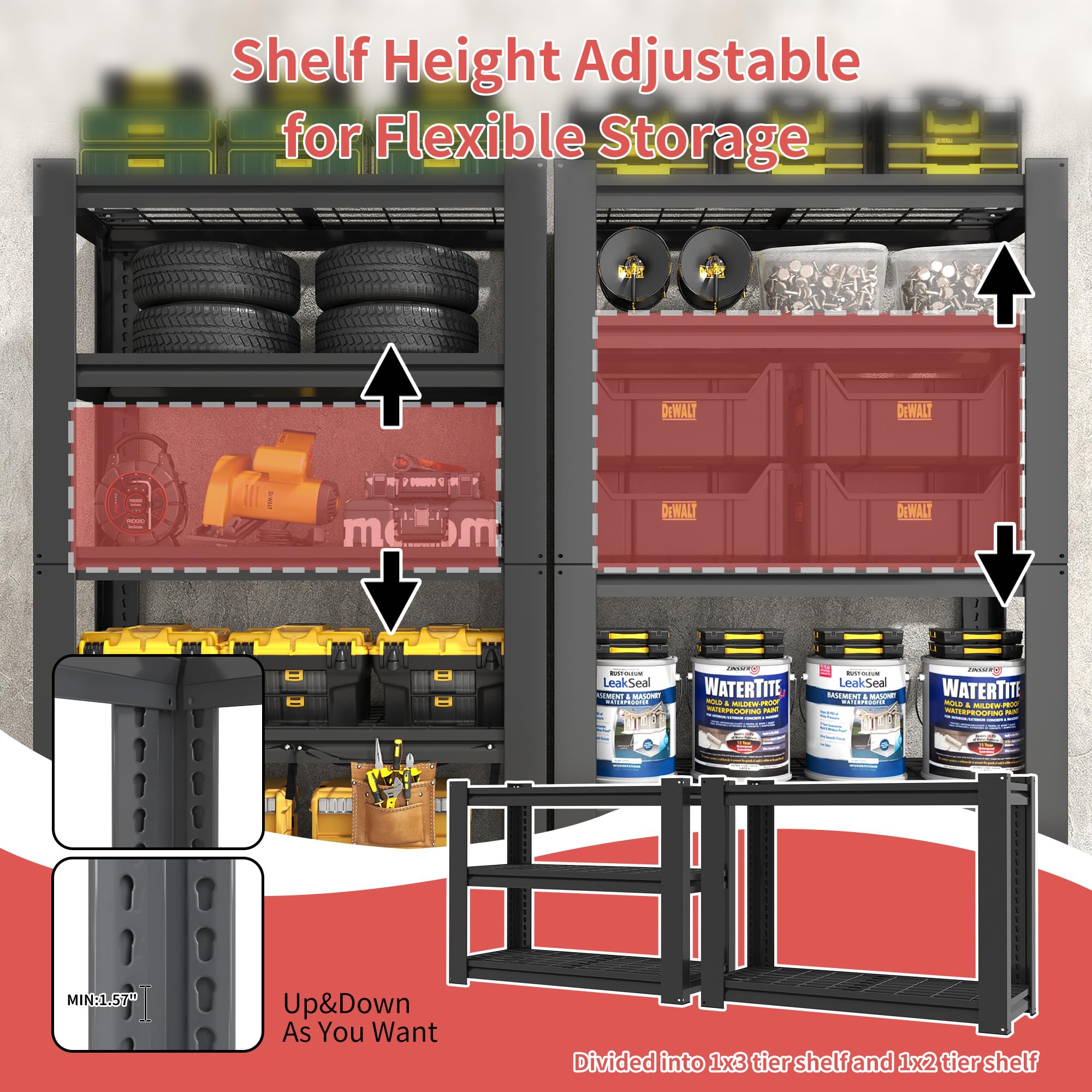 Garage Storage Shelves,Garage Shelving 2000lbs Heavy Duty Adjustable Steel Shelves 5 Tier Metal Shelf Organizer Storage Racks Tool Shelf and Industrial Shelving Warehouse Garage Unit