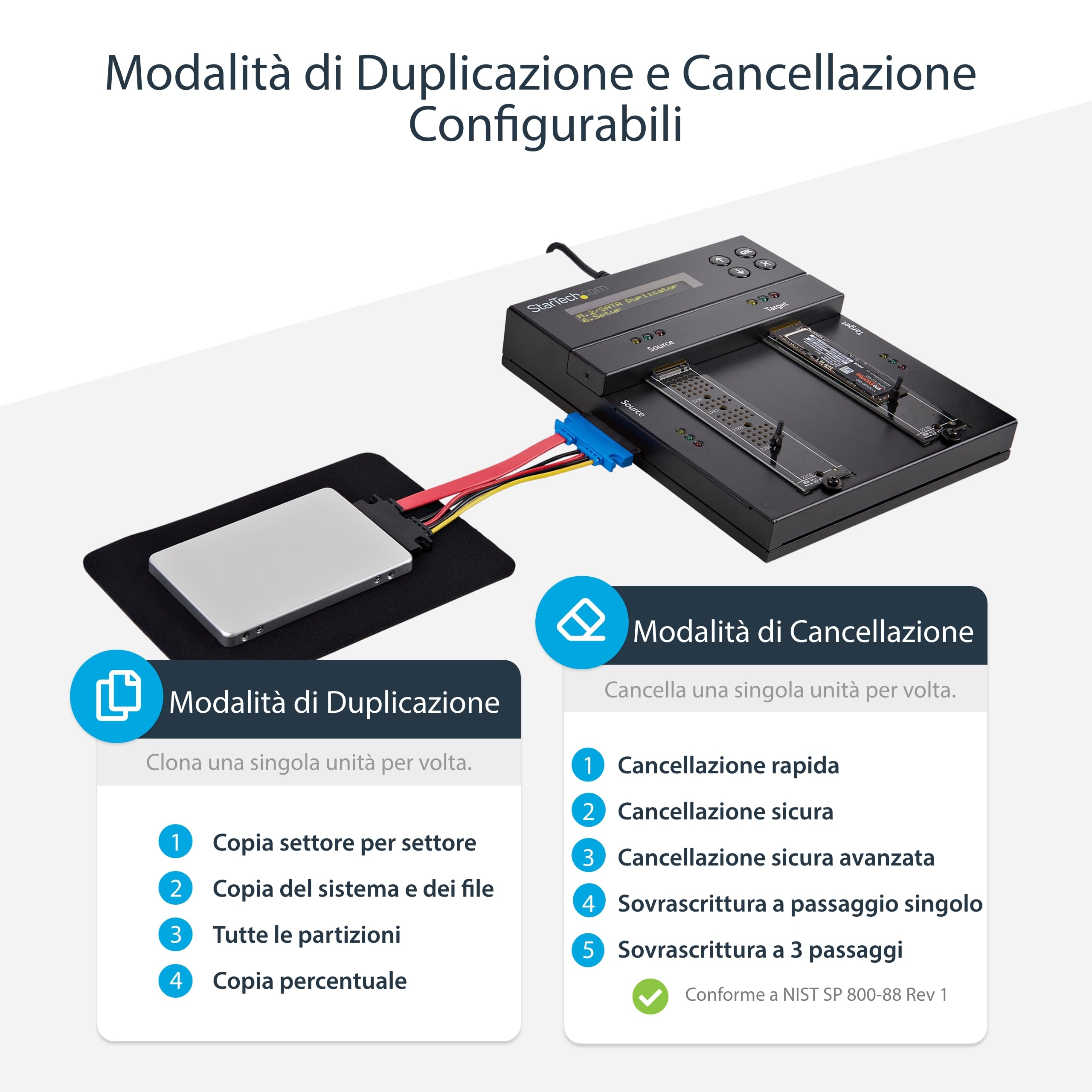 StarTech Duplicatore Eraser M.2 SATA/NVMe e SATA 2,5/3,5" 2 Baie 7,5GB/min | Display OSD Integrato, Compatibile M.2 PCIe, Funziona con Hard Disk e SSD, Indipendente da PC