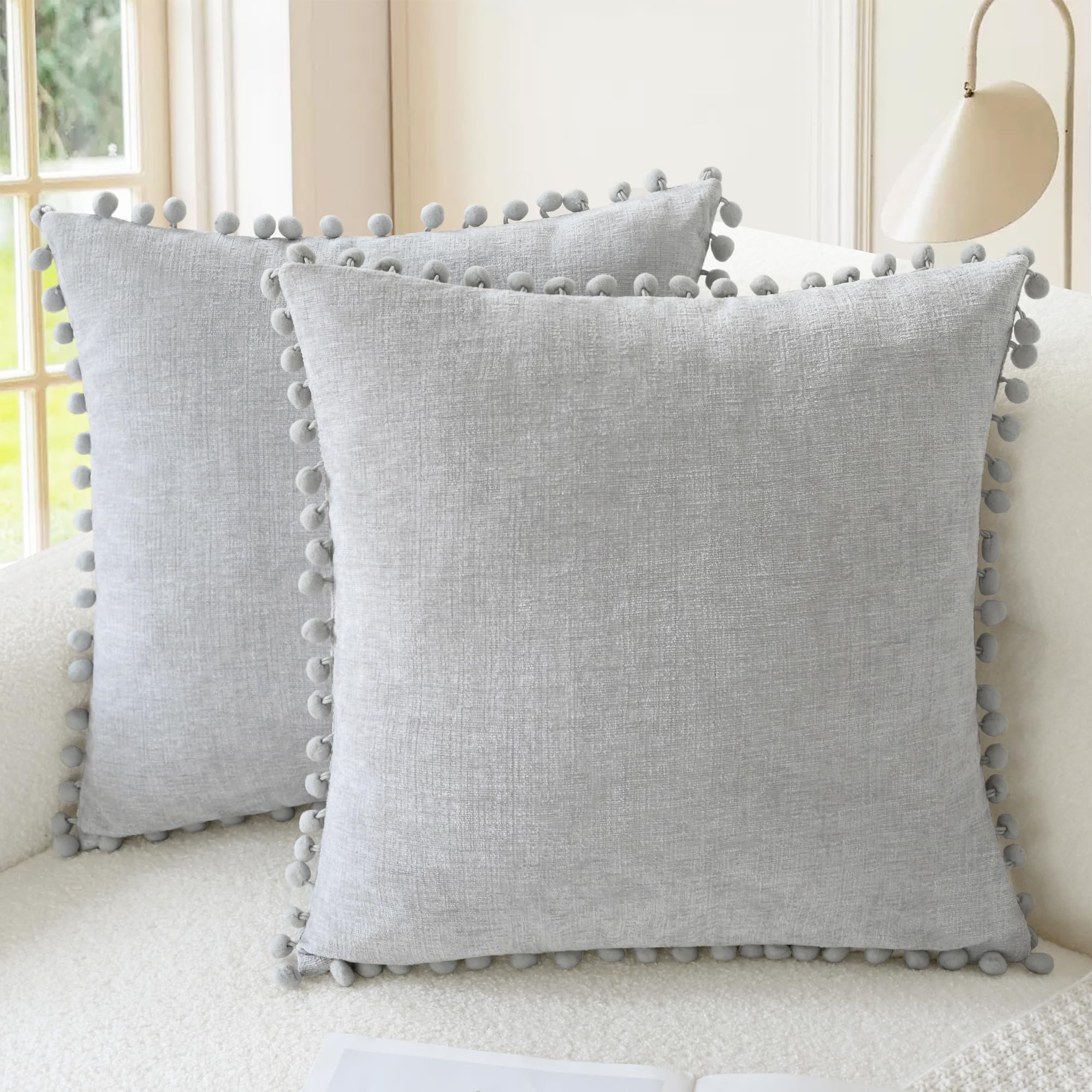 CaliTime Pillow Cases Pack of 2 Cozy Solid Dyed Soft Chenille Cushion Covers with Pom Poms for Couch Sofa Home Decoration 55cm x 55cm Moonbeam Gray — image 1