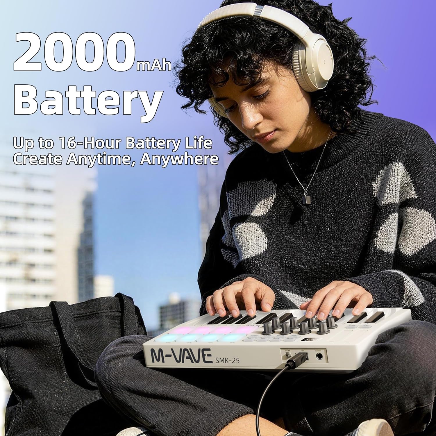 25-Key Wireless Bluetooth MIDI Keyboard Controller with 8 Assignable Knobs, USB-C Rechargeable, Arpeggiator & Chord Modes for Mac/PC/iOS/Android – White