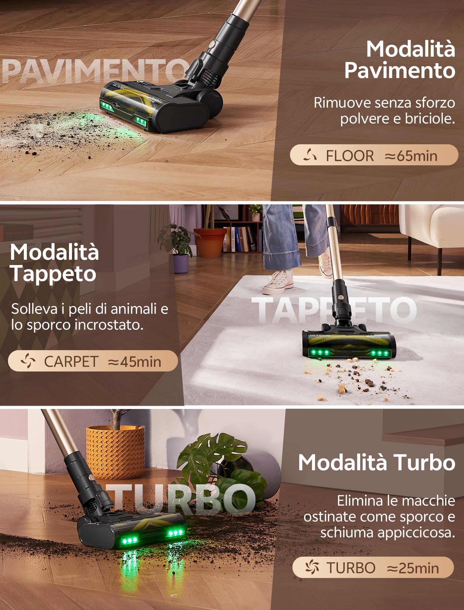 Ultenic Aspirapolvere per scopa senza fili, 50 kpa/65 min, potente aspirapolvere senza fili, asta telescopico regolabile, design autoportante, tecnologia GreenEye, per tappeti, pavimenti duri, peli di