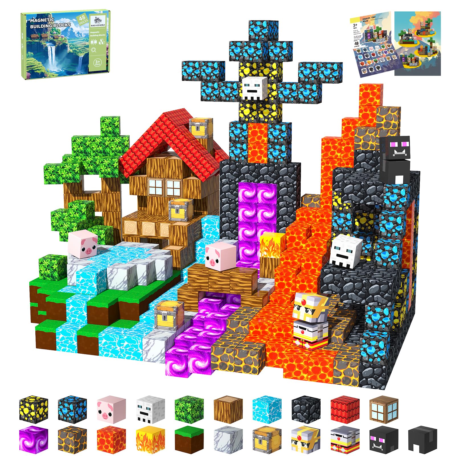 SSAWER Magnetic Blocks, 48PCS Magnetic Building Blocks, Stacking Magnets for Kids, STEM Constructions Magnet Blocks for Boys Girls Age 3+, Christmas Birthday Gifts (Forest Lava) — image 1