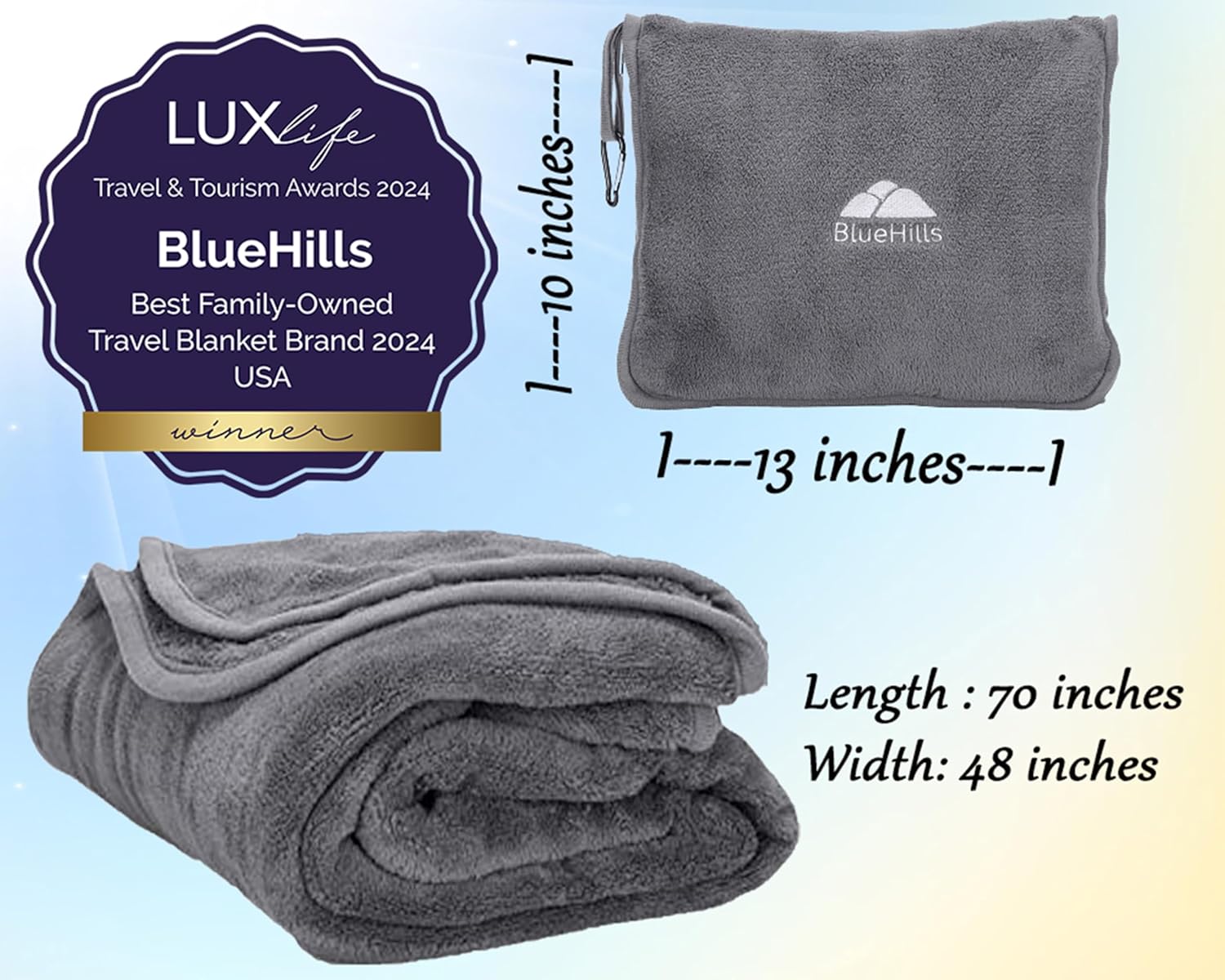 BlueHills Premium Soft Long Travel Blanket Pillow for Tall Airplane Flight Blanket Throw in Soft Bag case with Hand Luggage Belt & Backpack Clip Compact Pack Large Grey Gray T052 - Image 3