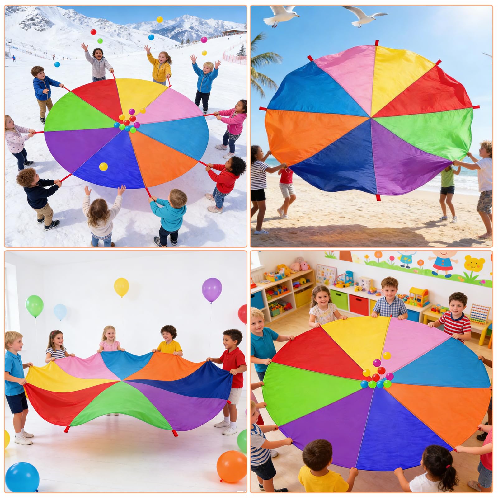 Paracadute Bambini,3,6 m Paracadute Ludico Arcobaleno con 8 Maniglie e 10 Palle,Giochi All'aperto Lezioni Di Sport E Feste Di Compleanno Per Bambini