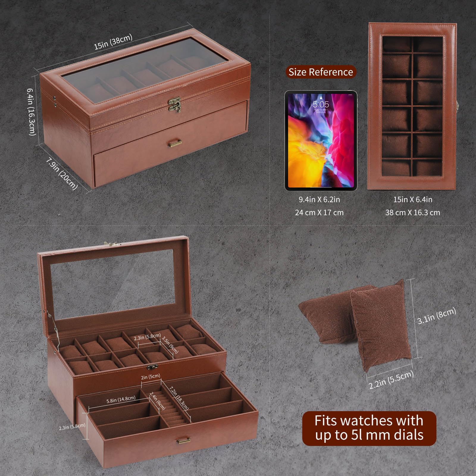 AUTOARK Caja de cuero y terciopelo para 12 relojes y organizador de lentes de sol de 6 piezas, 2 capas con 1 cajón, con cerradura, parte superior de cristal grande, MKAW041