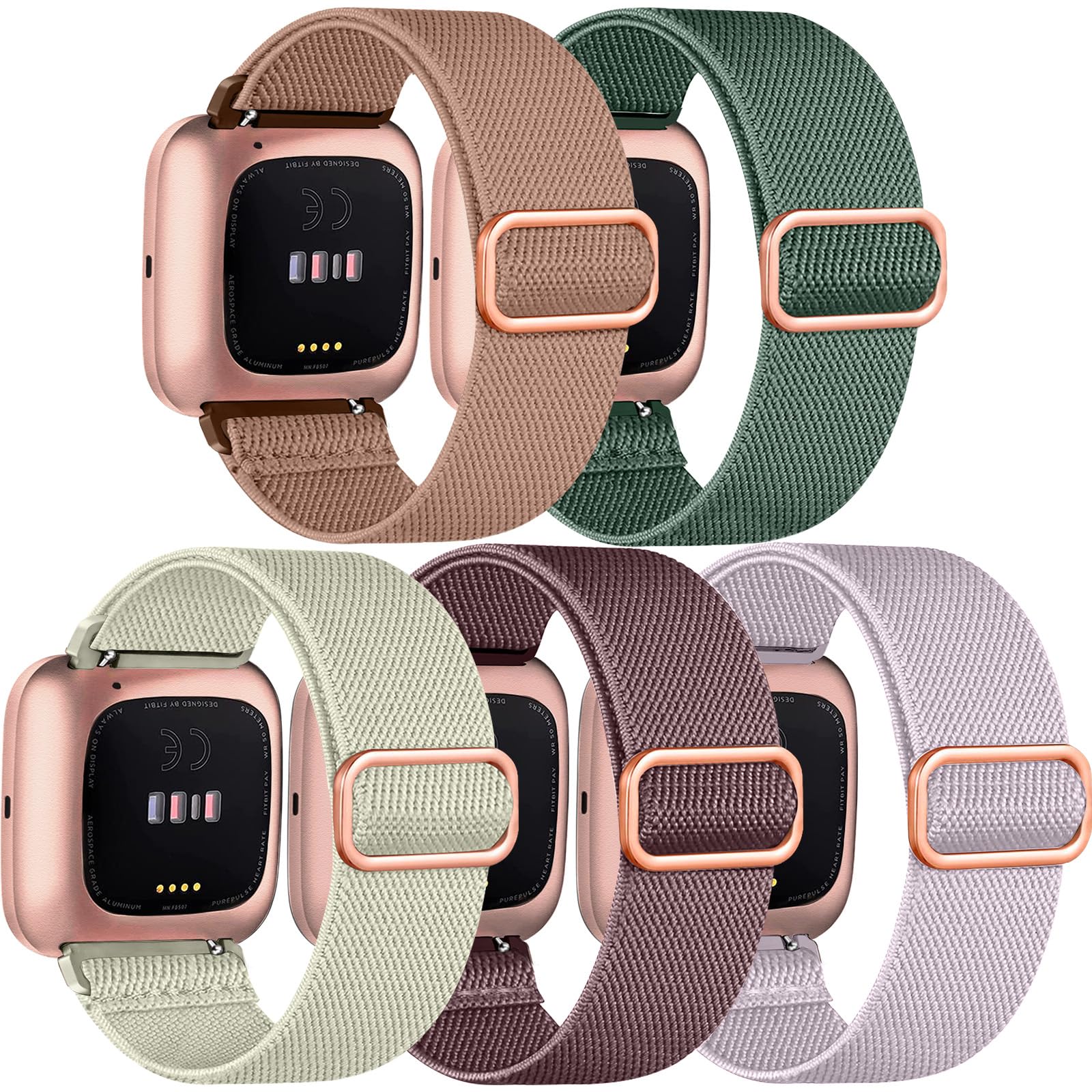 chinbersky 5 Pack Strap Compatible with Fitbit Versa 2 Straps/Fitbit Versa Strap for Women and Men, Soft Adjustable Stretch Nylon Sport Replacement Band for Fitbit Versa 2/Versa/Versa Lite/SE