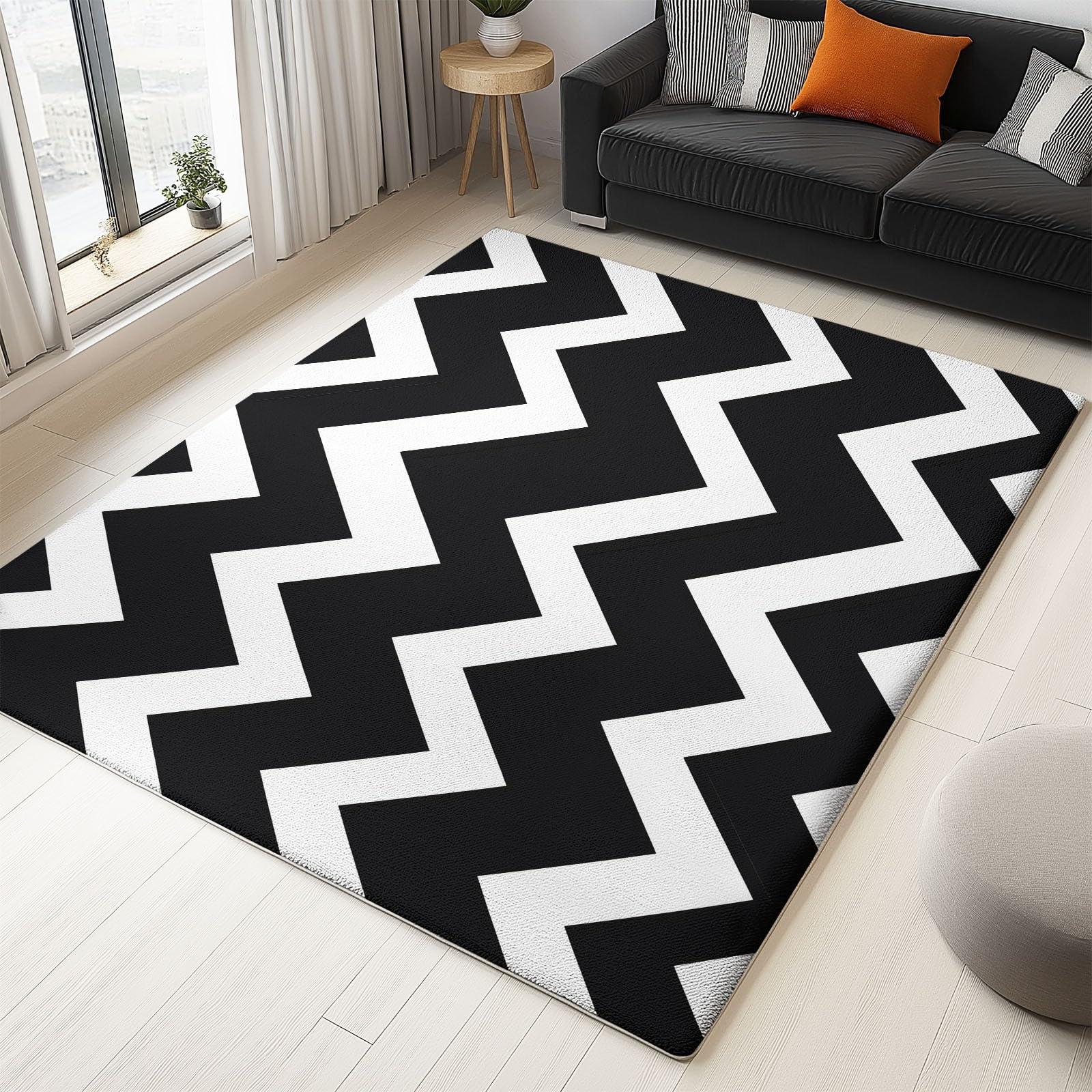 Générique Géométrie Vague Lavable Tapis 140 x 200 cm Tapis Poils Courts antidérapant, Doux Antidérapant Motif À Rayures Ondulées Noir et Blanc pour Chambre à Coucher Salle à Manger Salon