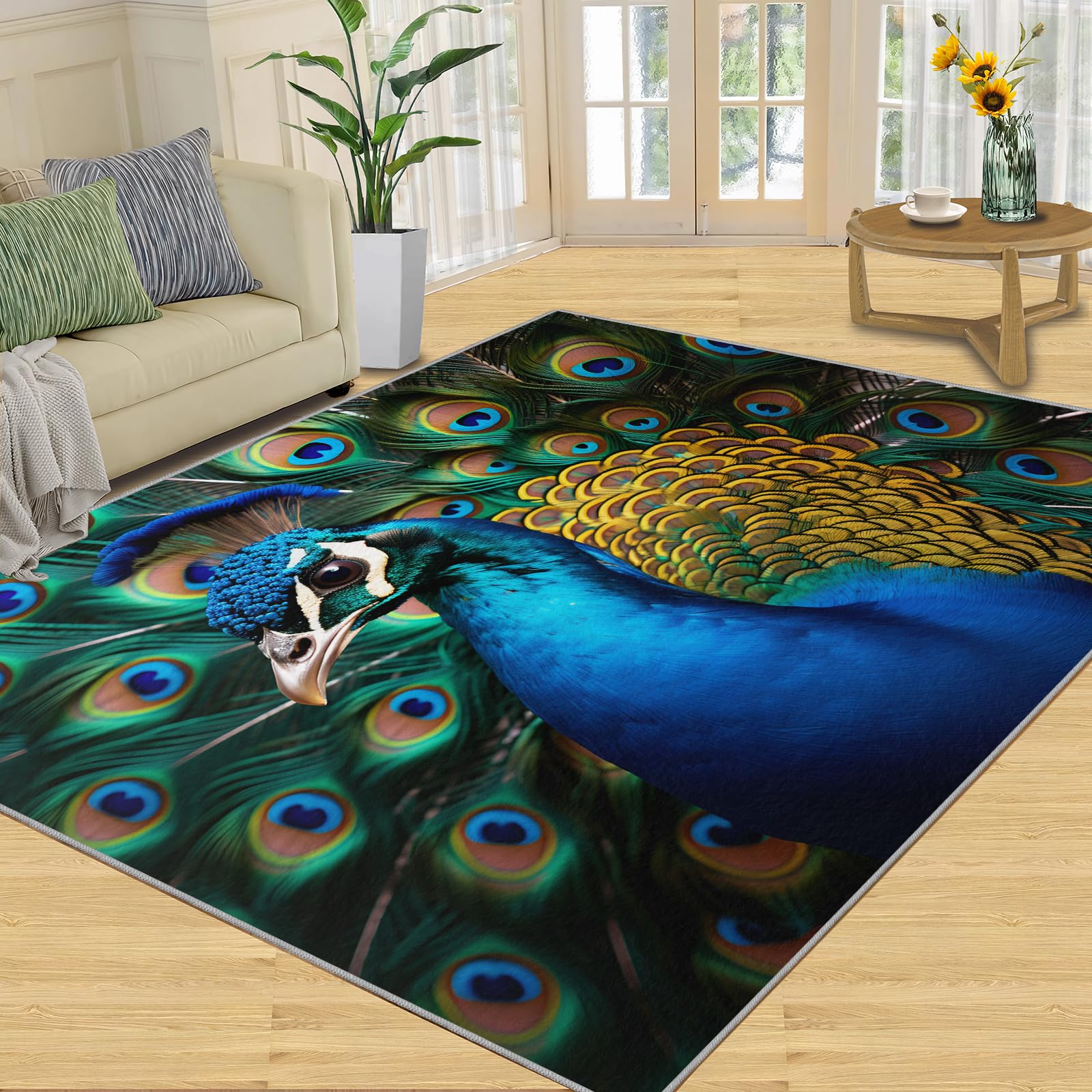 Peacock Rug Beautiful Fantastic Peacock Carpet, Malachite Green Modern Style Living Room Rug 8x10 Peacock Printed Rug for Bedroom Kitchen Dining Room